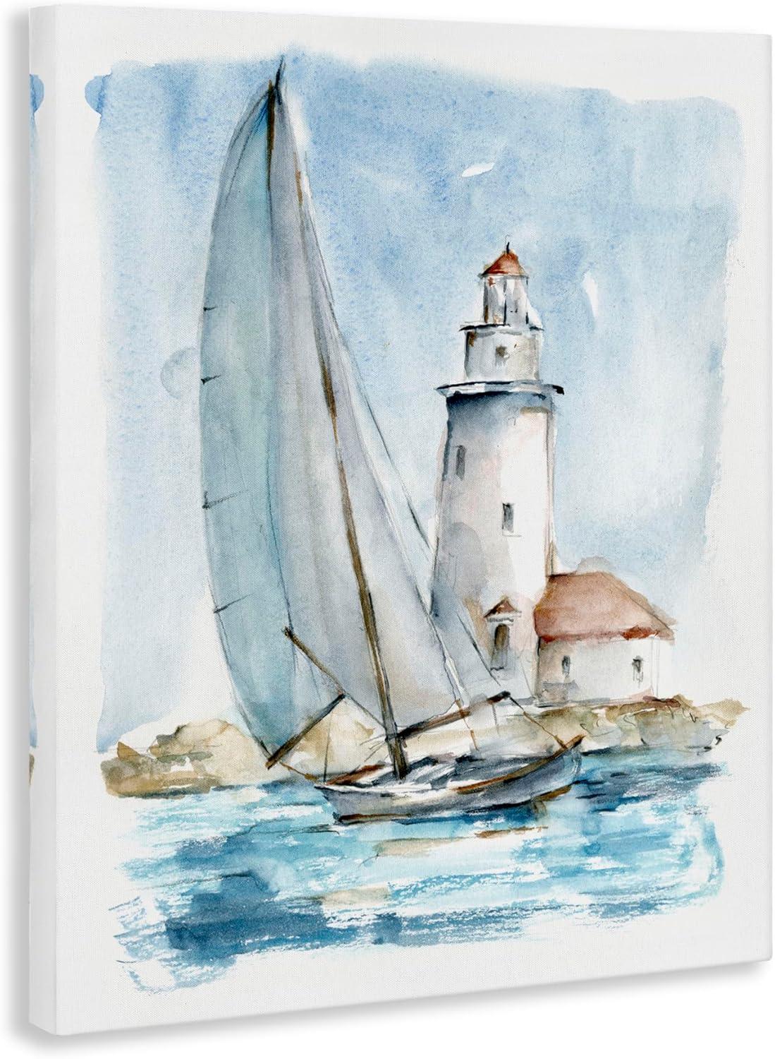 Stupell Industries Au-416-Canvas " Nautical Sailboat & Lighthouse " by Ethan Harper Painting Print