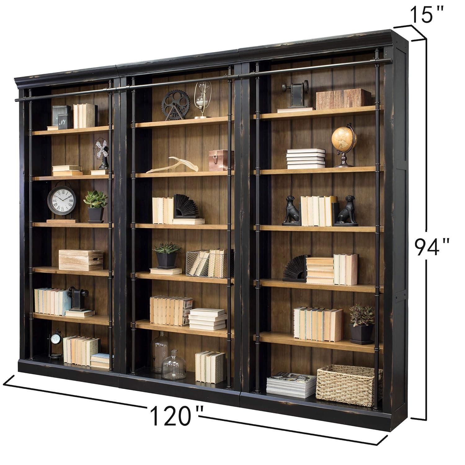 Traditional 8' Tall Wood Bookcase Wall With Ladder Aged Office Bookcases Black