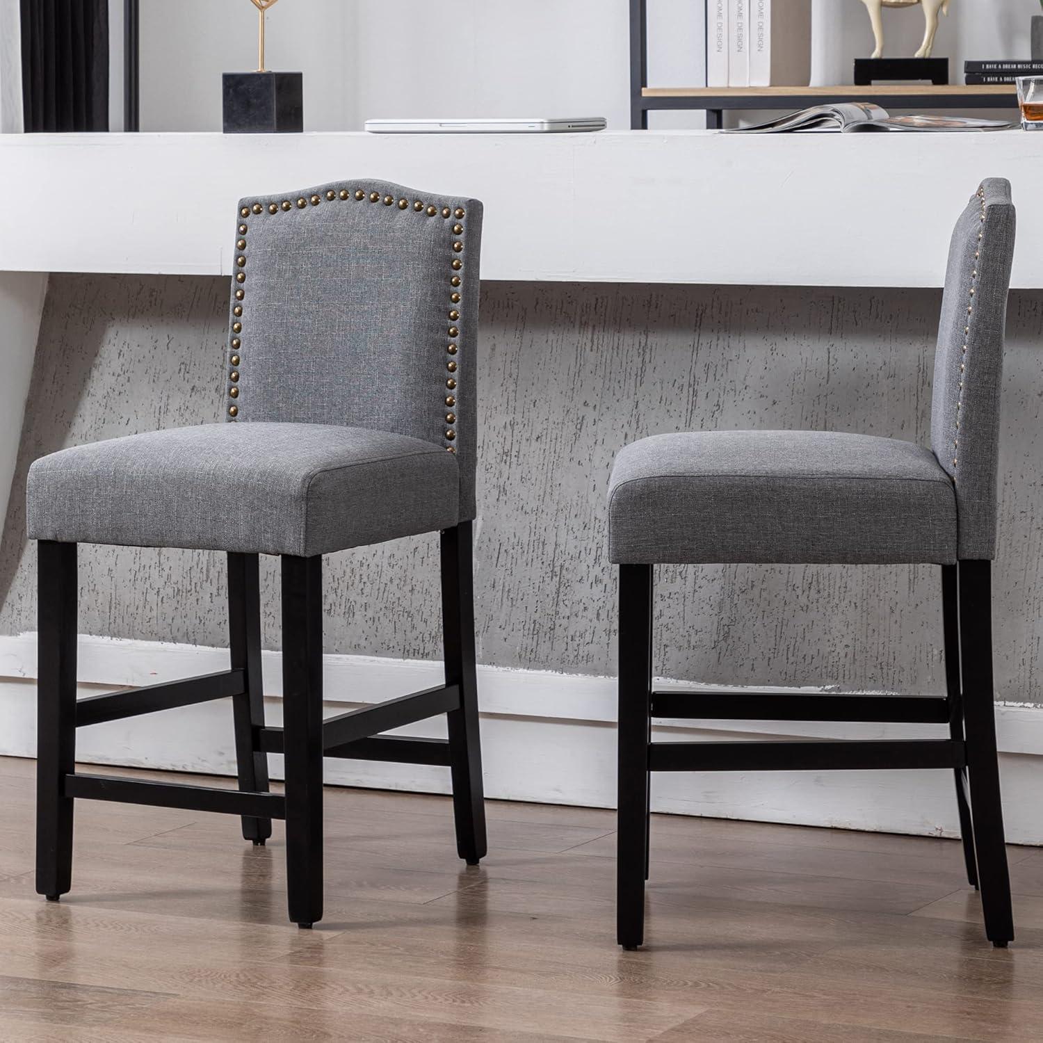 Classic Gray Upholstered Bar Stools with Antique Gold Nail Heads