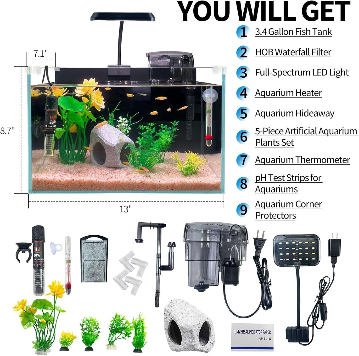 3.4-Gallon Ultra-Clear Low-Iron Glass Betta Fish Tank Kit with LED Light