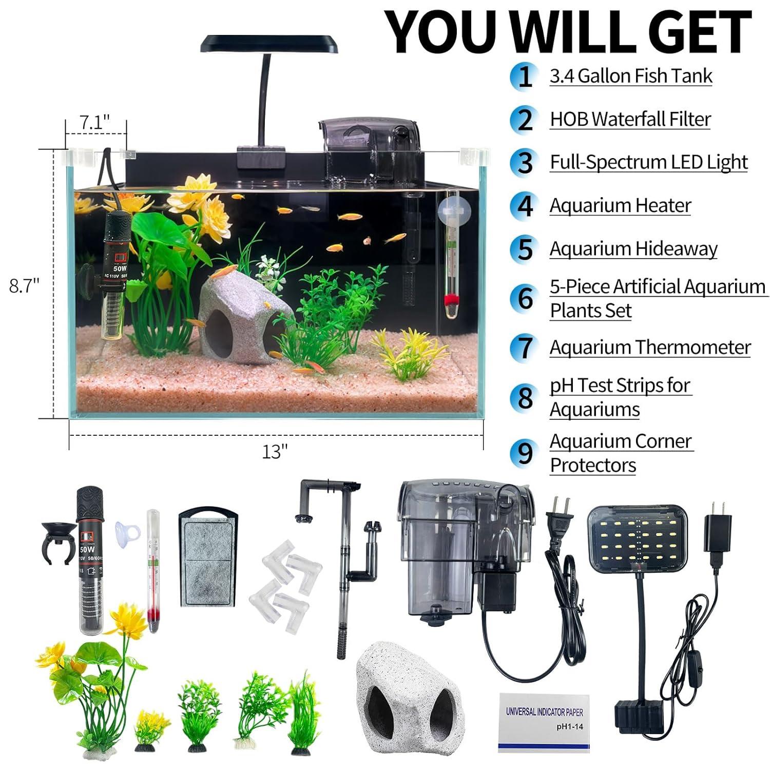 3.4-Gallon Ultra-Clear Low-Iron Glass Betta Fish Tank Kit with LED Light