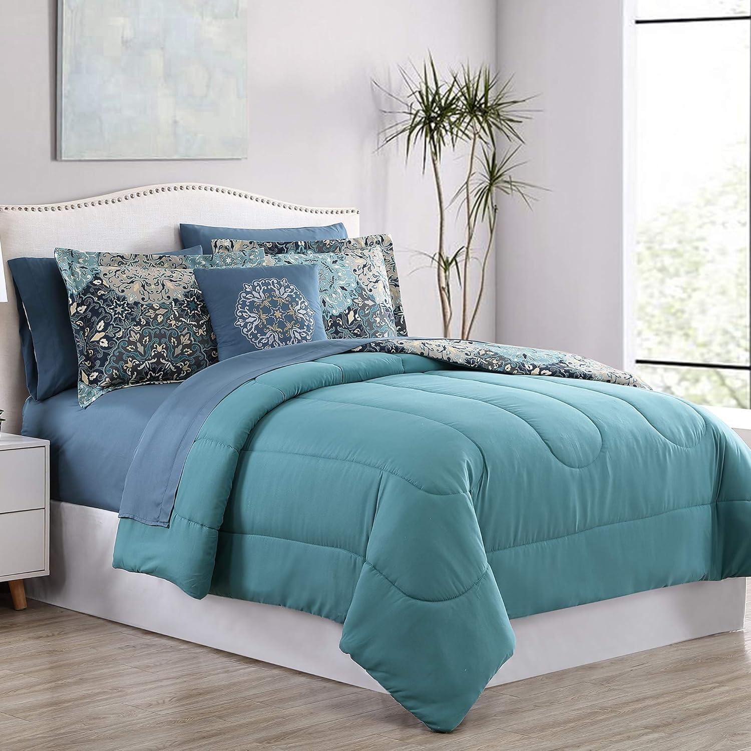 Modern Threads - Granada Collection Comforter Set - Reversible Microfiber - Elegant Printed 8-Piece Bed Set - Includes Comforter, Sheets, Shams, & Pillow - Luxurious Bedding