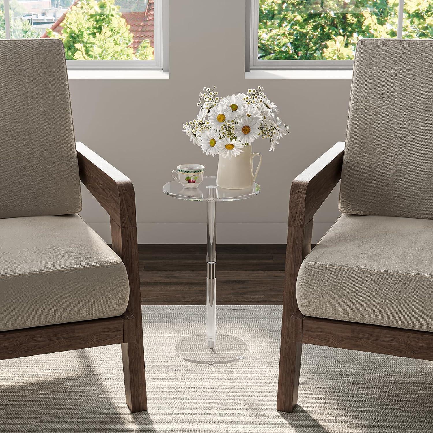 Acrylic End Table, Clear Side Tables for Small Space, 9.8" Round Modern Drink Table for Living Room, Bedroom, Bathroom, Office, Outdoor, Business, Sturdy and Easy to Install