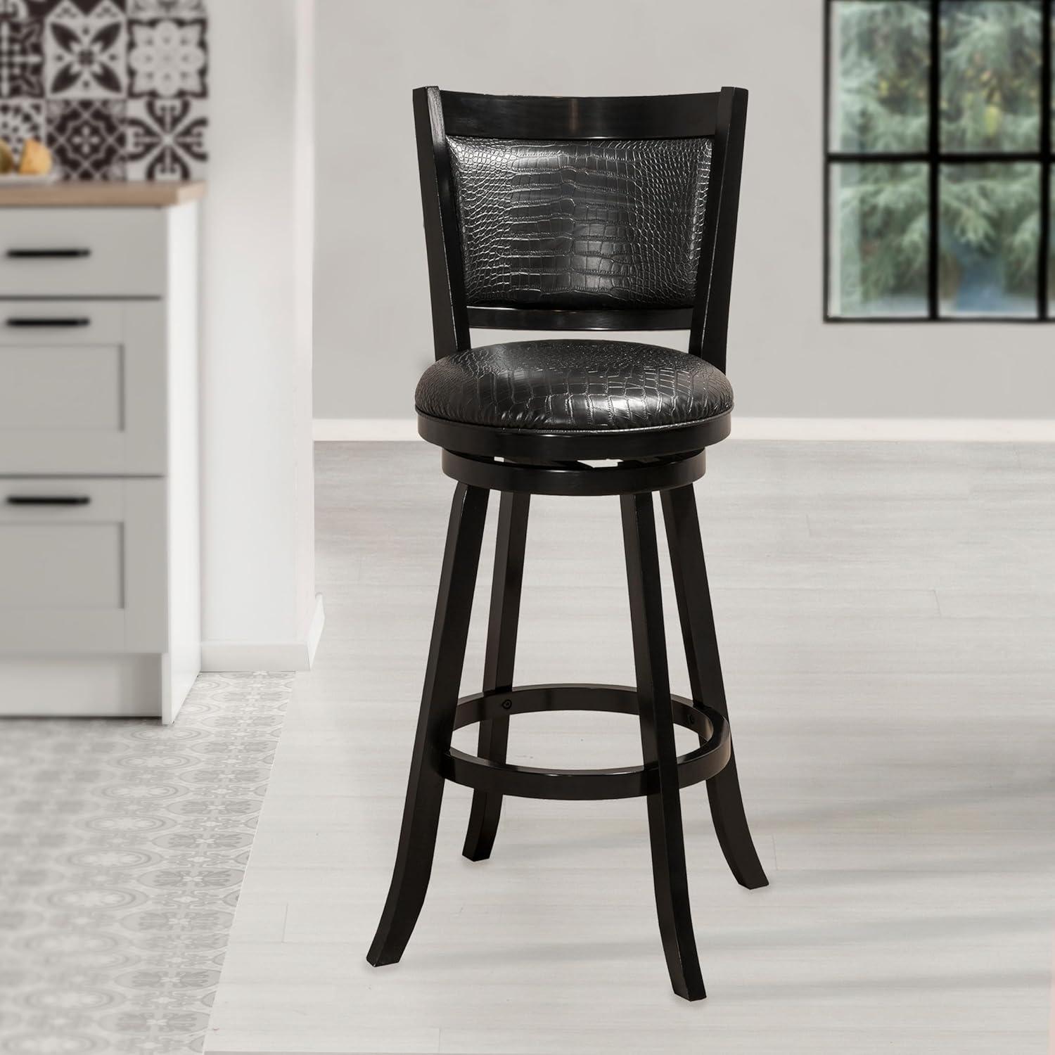 Brannon Black Wood Swivel Bar Stool with Faux Crocodile Upholstery