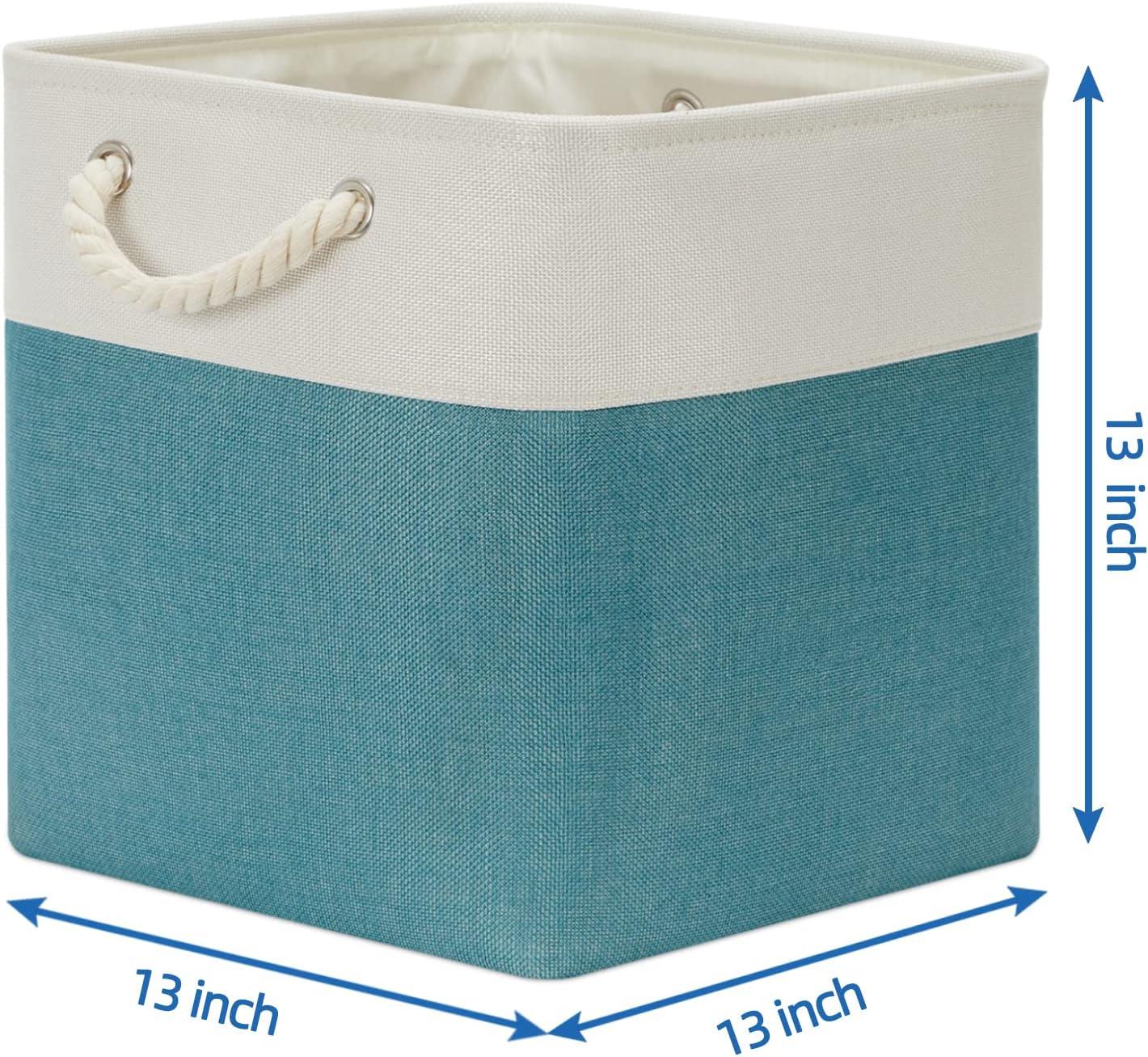 Tegance 13x13 Storage Cubes Baskets 4 Pack Fabric Cube Storage Bins Large Storage Baskets with Leather Handles,Decorative Storage Boxes for Organizing Shelves(WhiteGreen)