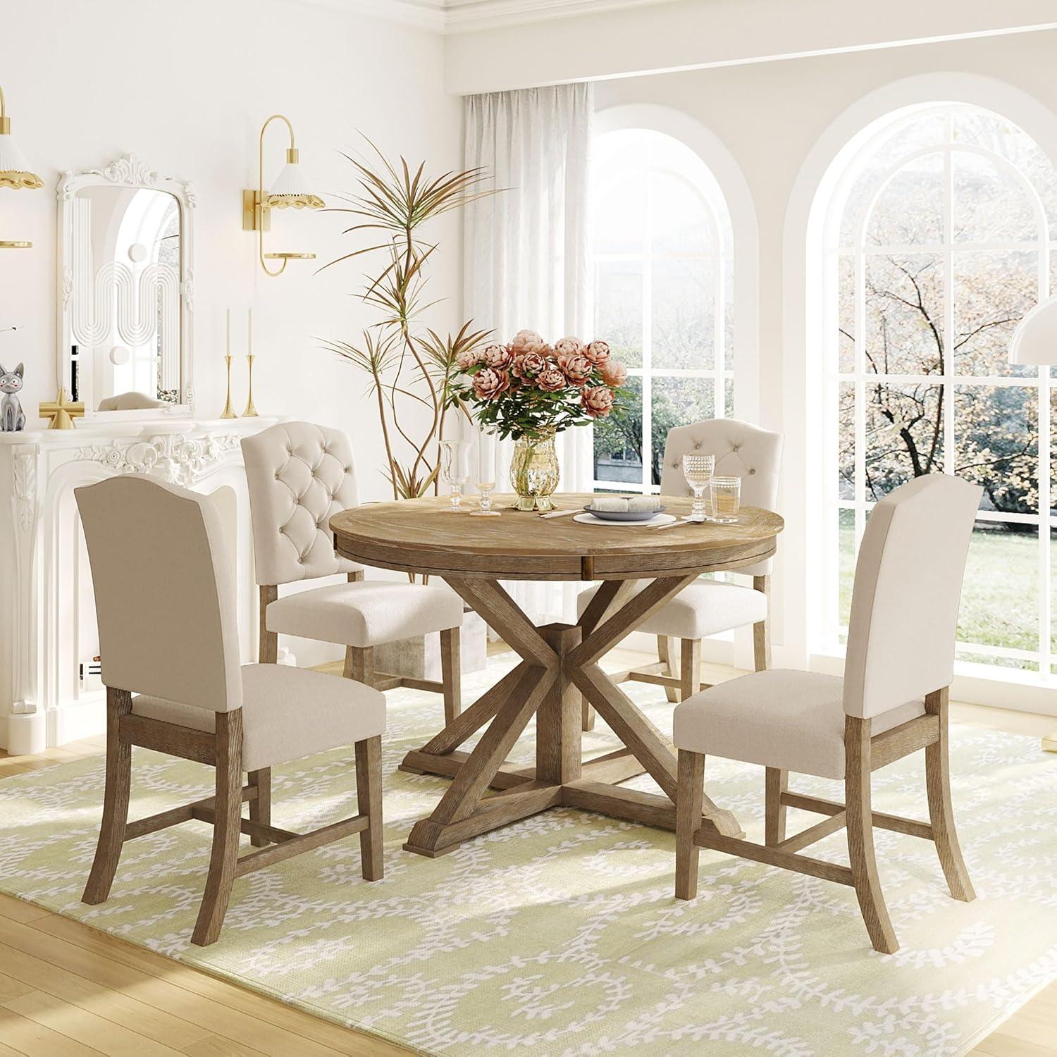 Bellemave Extendable Dining Table Set for 4, 5-Piece Round Table Set with 4 Chairs, Circle Table with Upholstered Chairs, Oval Kitchen Table Set with Extendable Table (Natural Wood Wash)