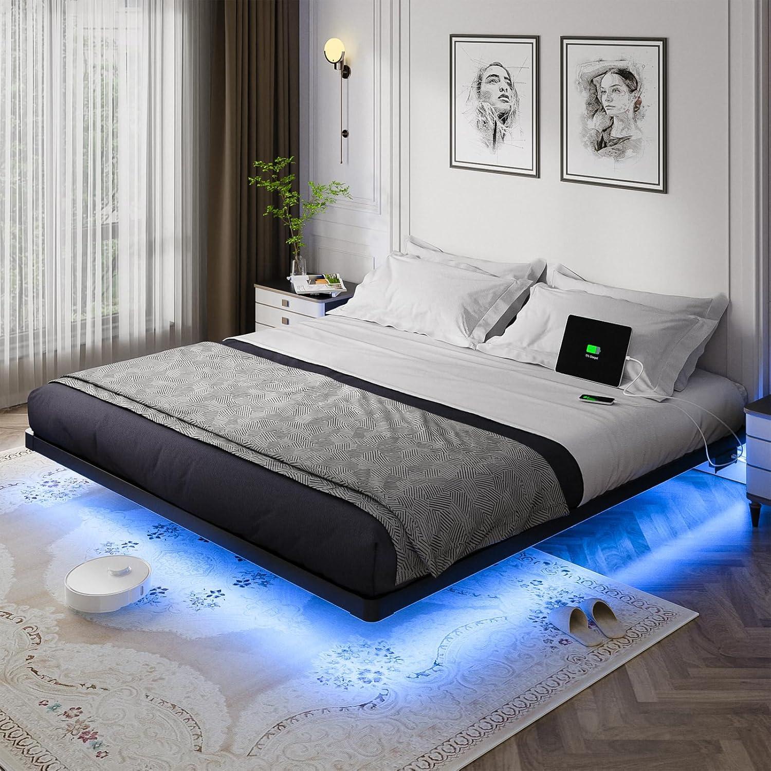 Floating Bed Frame With Led Lights Metal Platform Bed, No Squeak