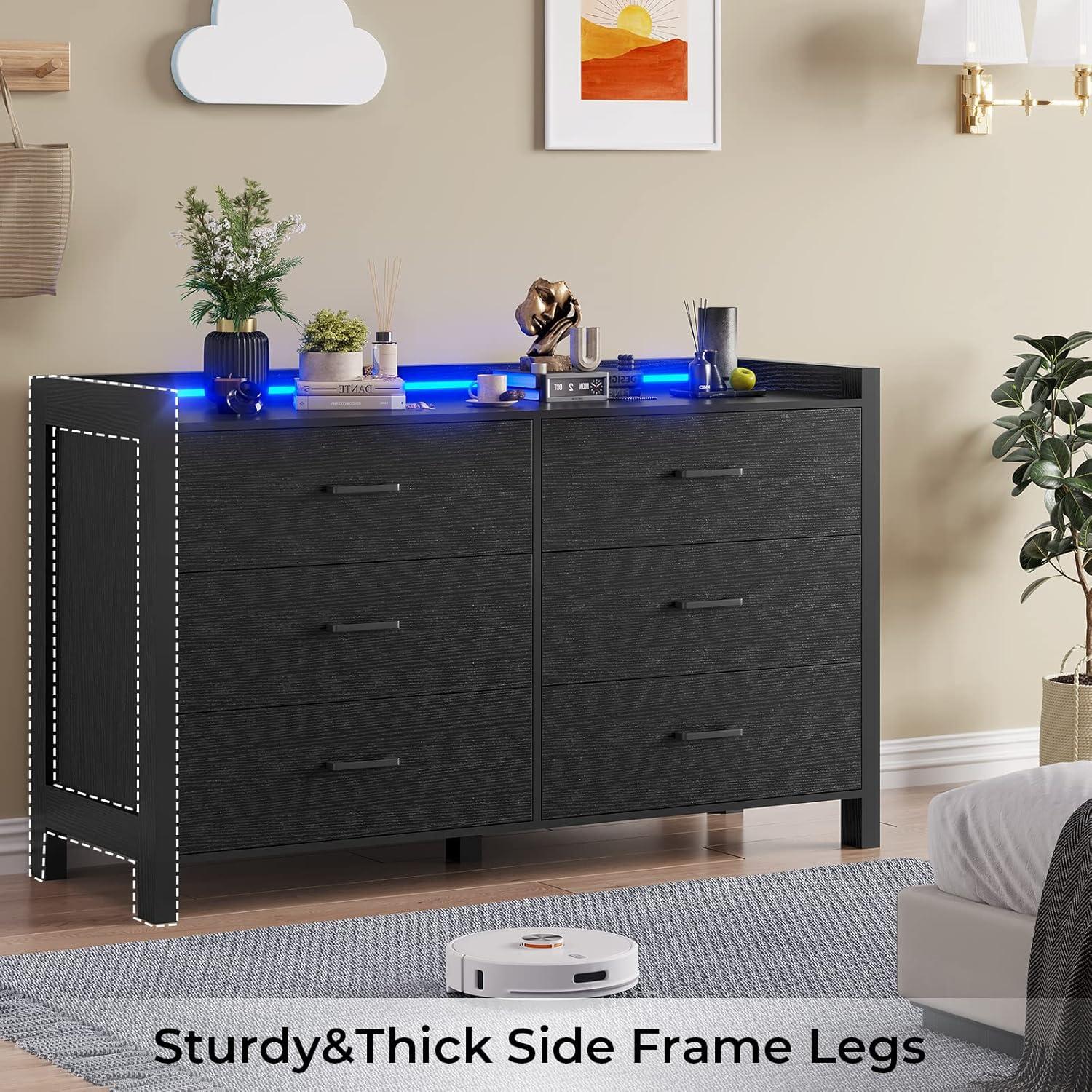 6 Drawer Double Dresser with LED Lights for Bedroom, Modern Chest of Drawers for Living Room, Black