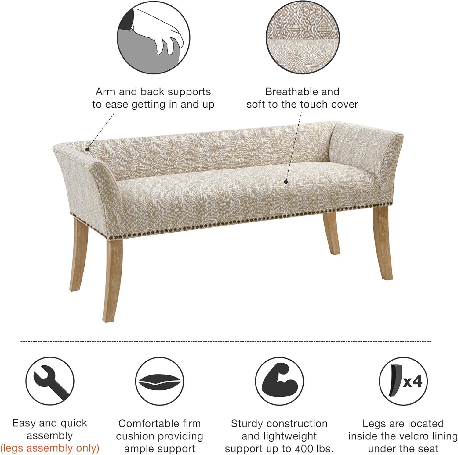 Madera Accent Bench Taupe: Madison Park, Rectangle, Nailhead Trim, Polyester Upholstery, Wood Legs