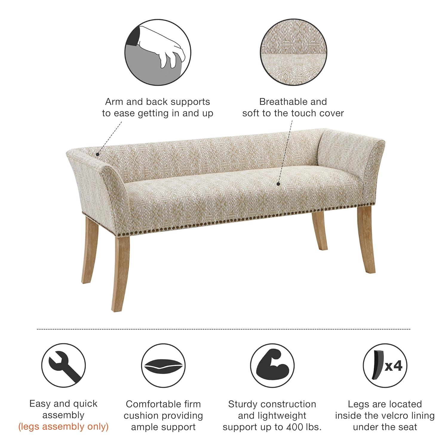 Madera Accent Bench Taupe: Madison Park, Rectangle, Nailhead Trim, Polyester Upholstery, Wood Legs