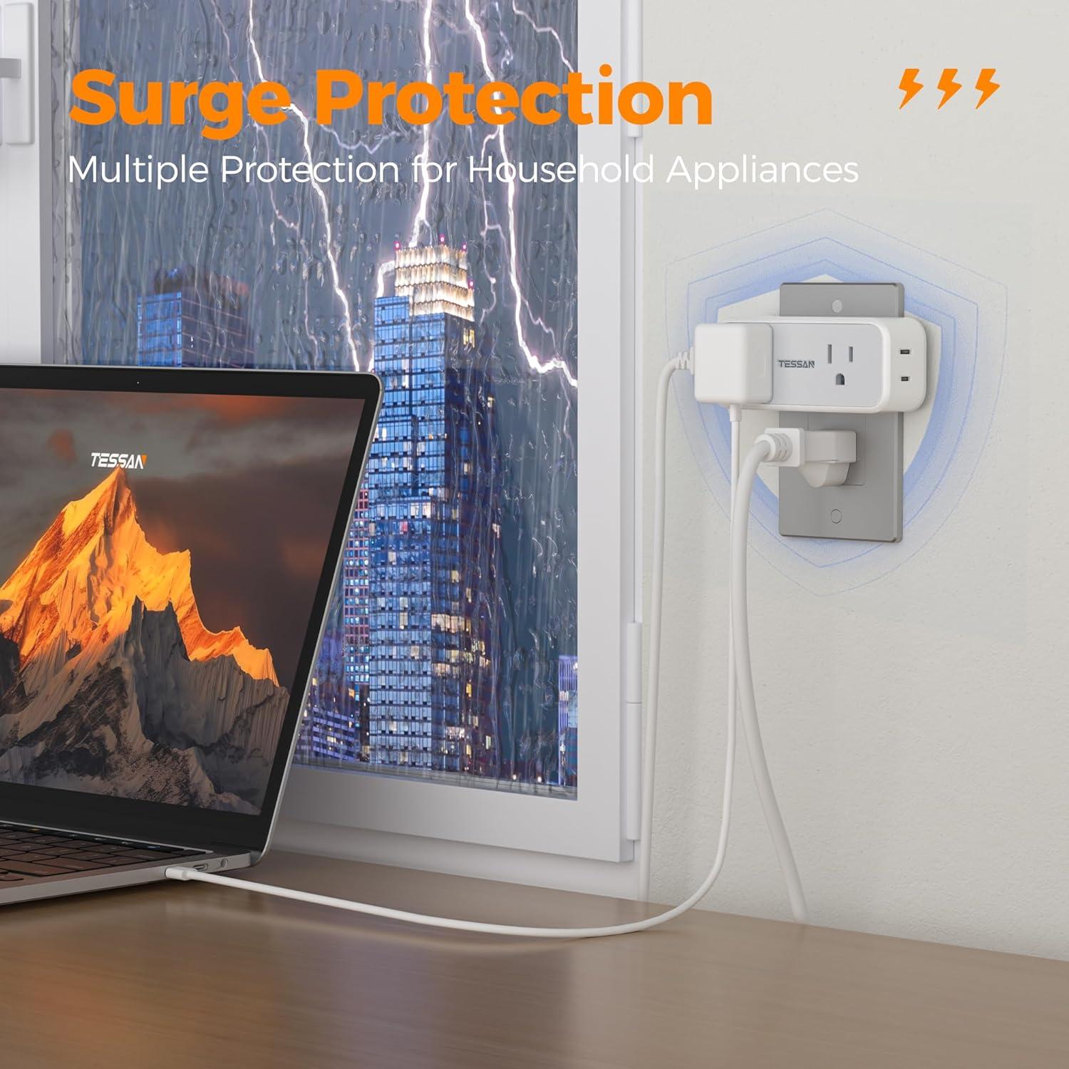 Outlet Extender Surge Protector, TESSAN Multi Wall Plug with 4 AC Electrical Outlets, 3 Sided Multiple Plug Expander, 1875W Max, Power Splitter 3 Prong Adapter for Home Bathroom Office Dorm Room
