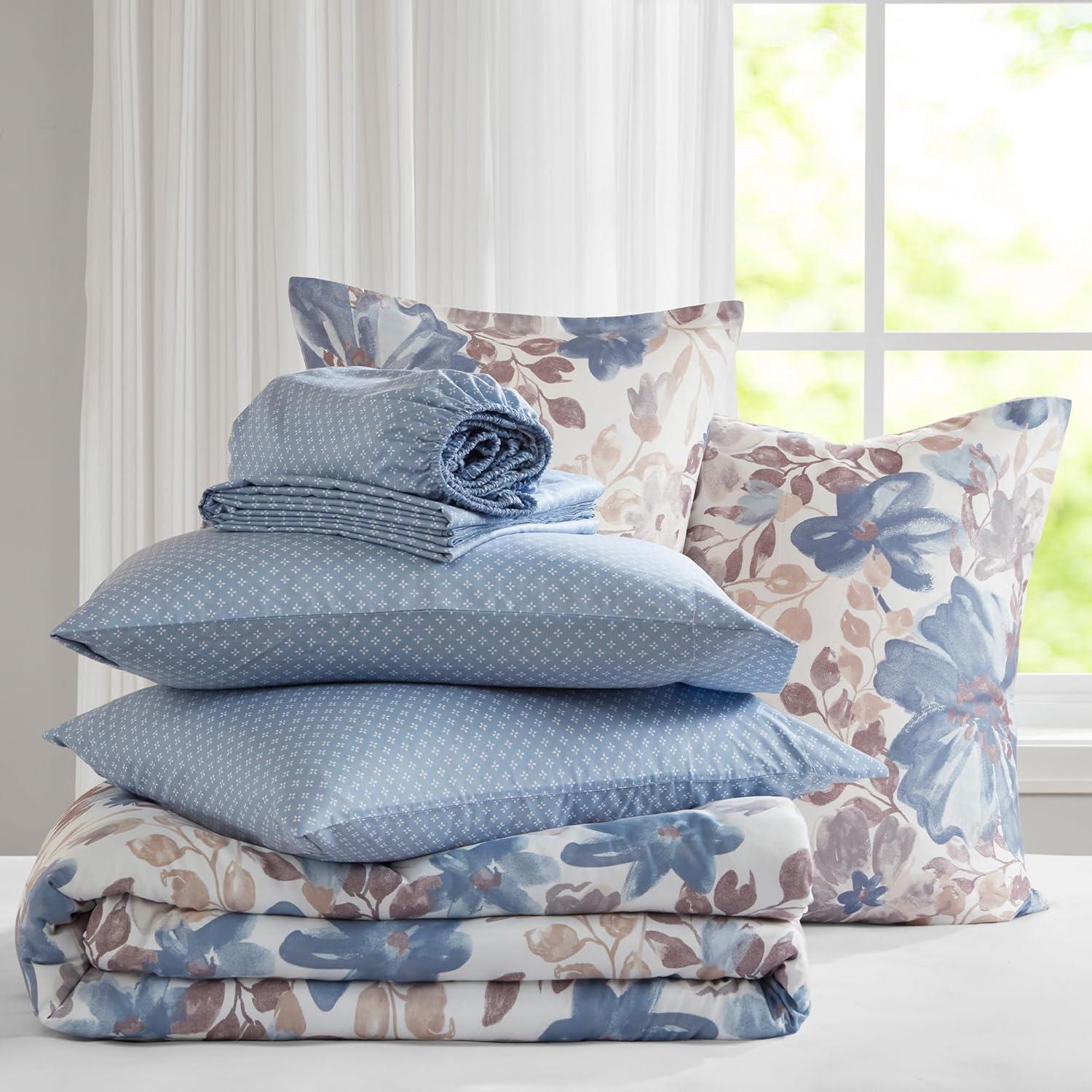 Full Blue Floral Microfiber Bed in a Bag Set