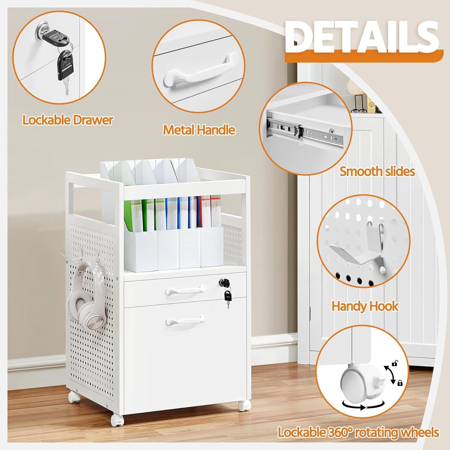 White Mobile Lockable 2-Drawer Filing Cabinet with Open Shelf