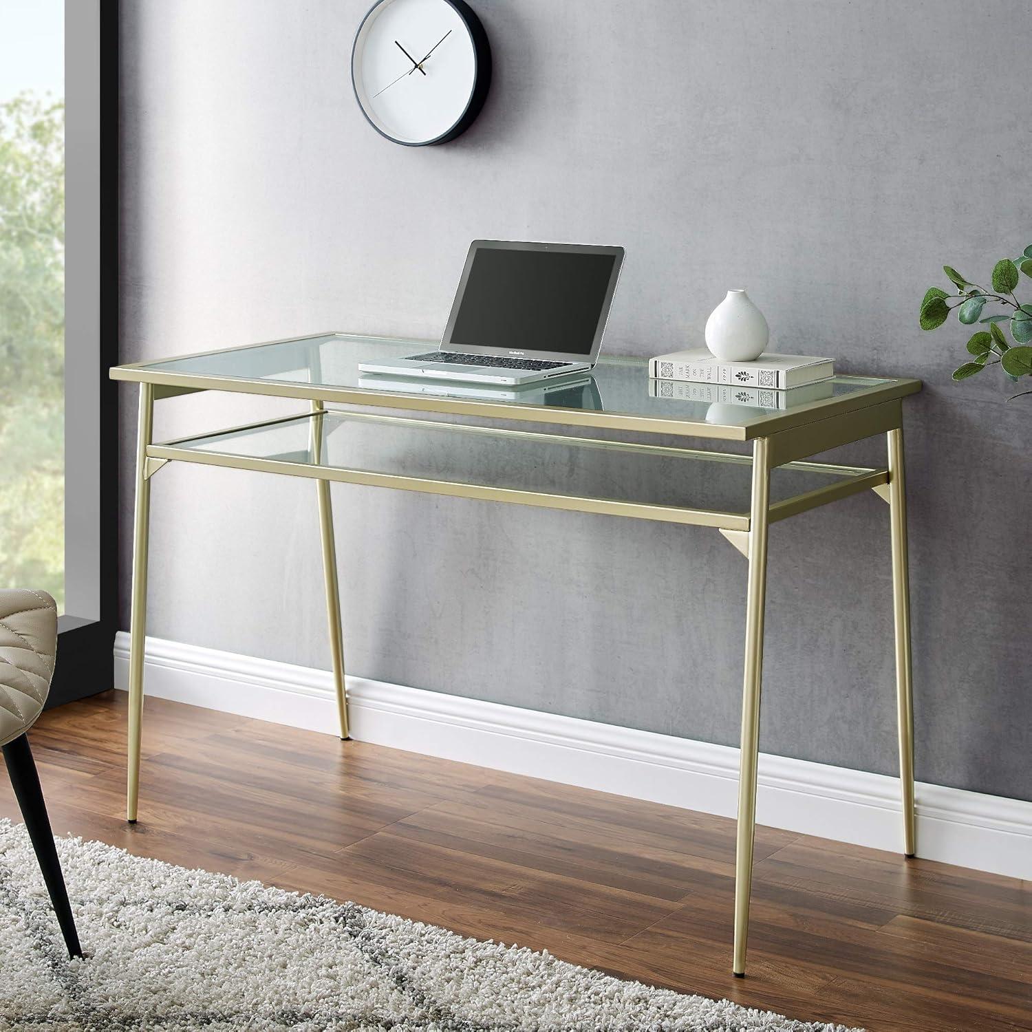 Walker Edison Rayna Tempered Glass & Metal Writing Desk in Clear and Gold