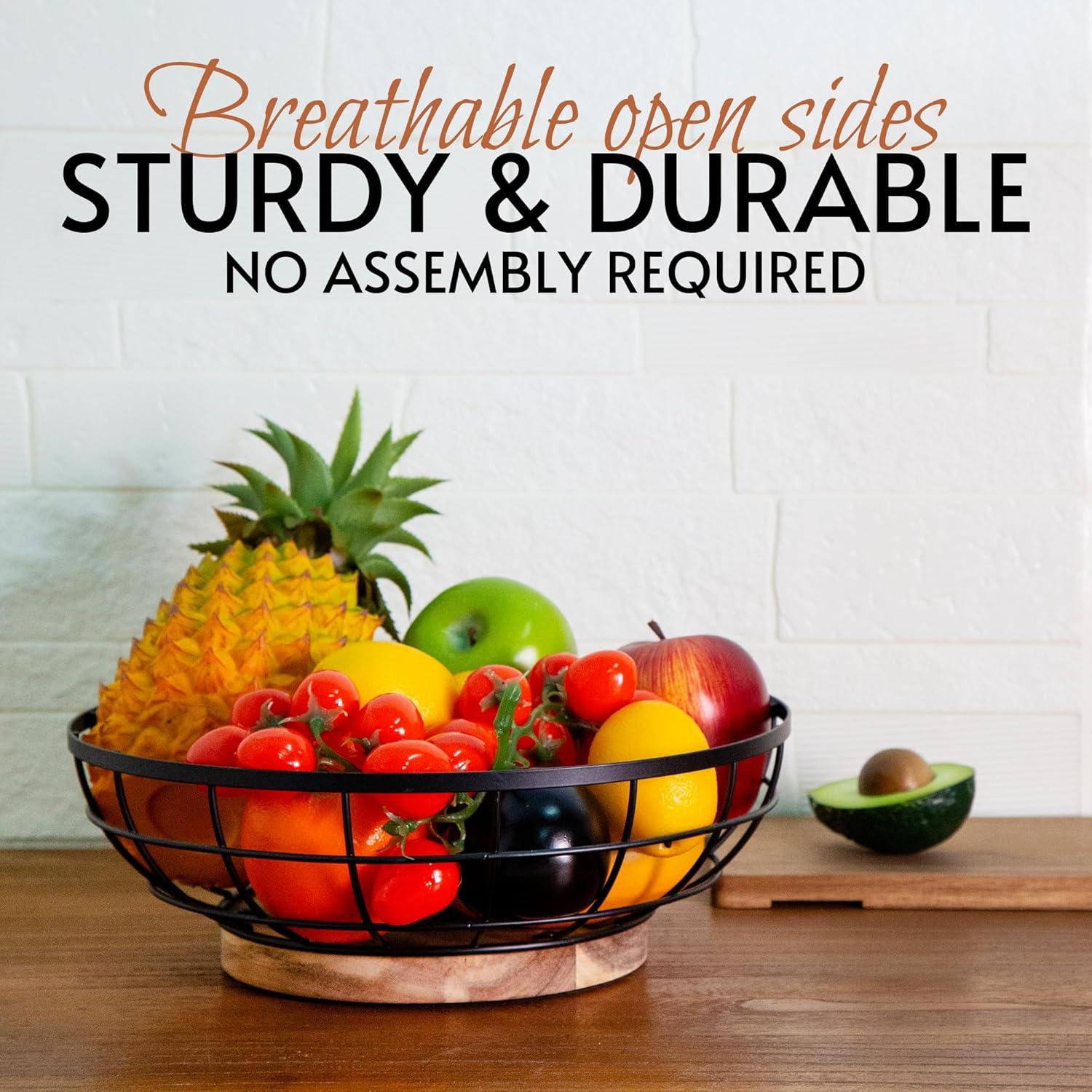 Fruit Basket,black Wire Basket with Acacia Wood Base,large Fruit Bowl for Countertop,black Baskets for Fruits, Breads, Vegetables Storage. (10-inch)