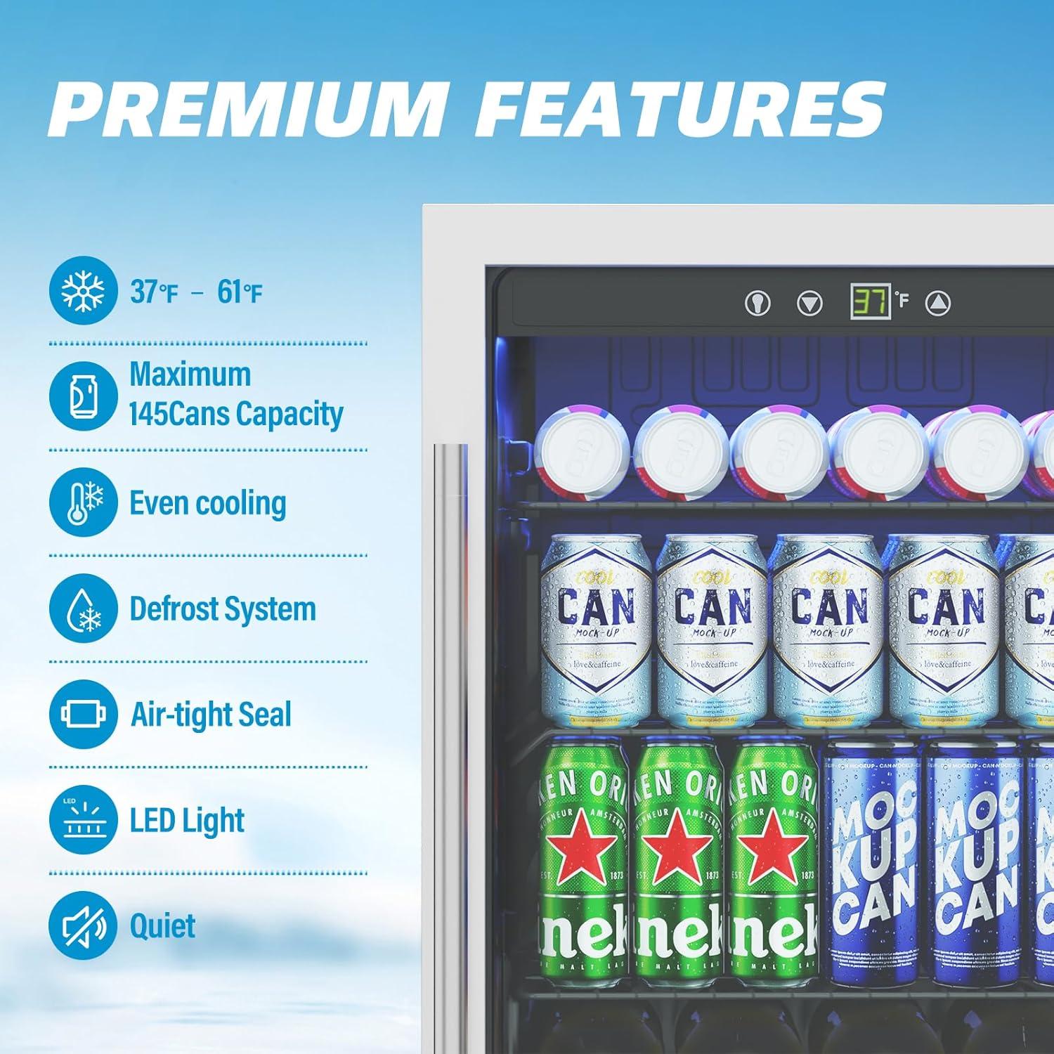 ZenZone 4.5 Cu.ft Beverage Refrigerator and Cooler, 145 Can Mini fridge with Glass Door for Soda Beer Wine, Small Drink Dispenser with Digital Adjustable Thermostat for Home Office Bar