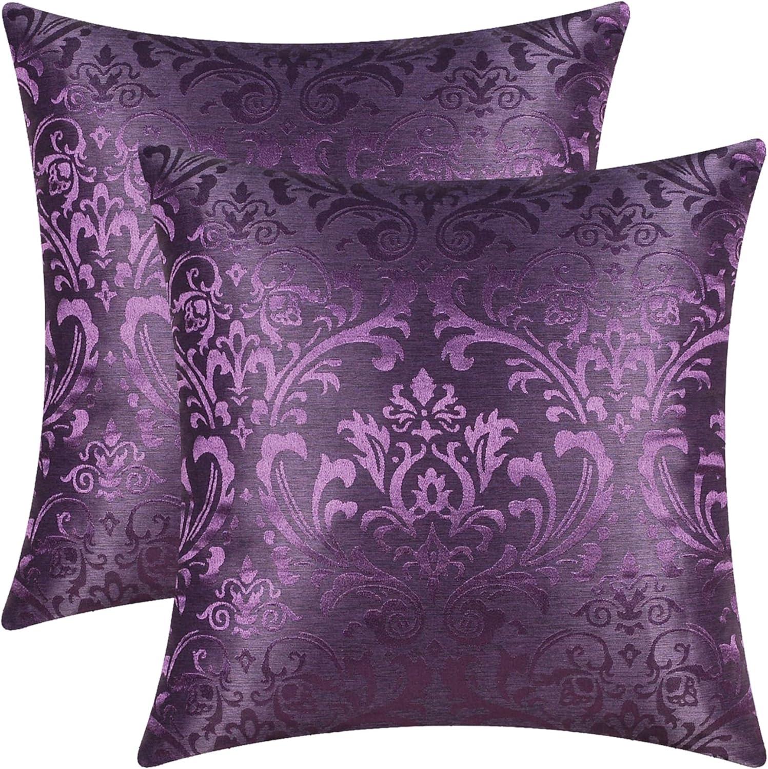 CaliTime Pack of 2 Throw Pillow Covers Cases for Couch Sofa Home Decoration Vintage Damask Floral Shining & Dull Contrast 16 X 16 Inches Deep Purple