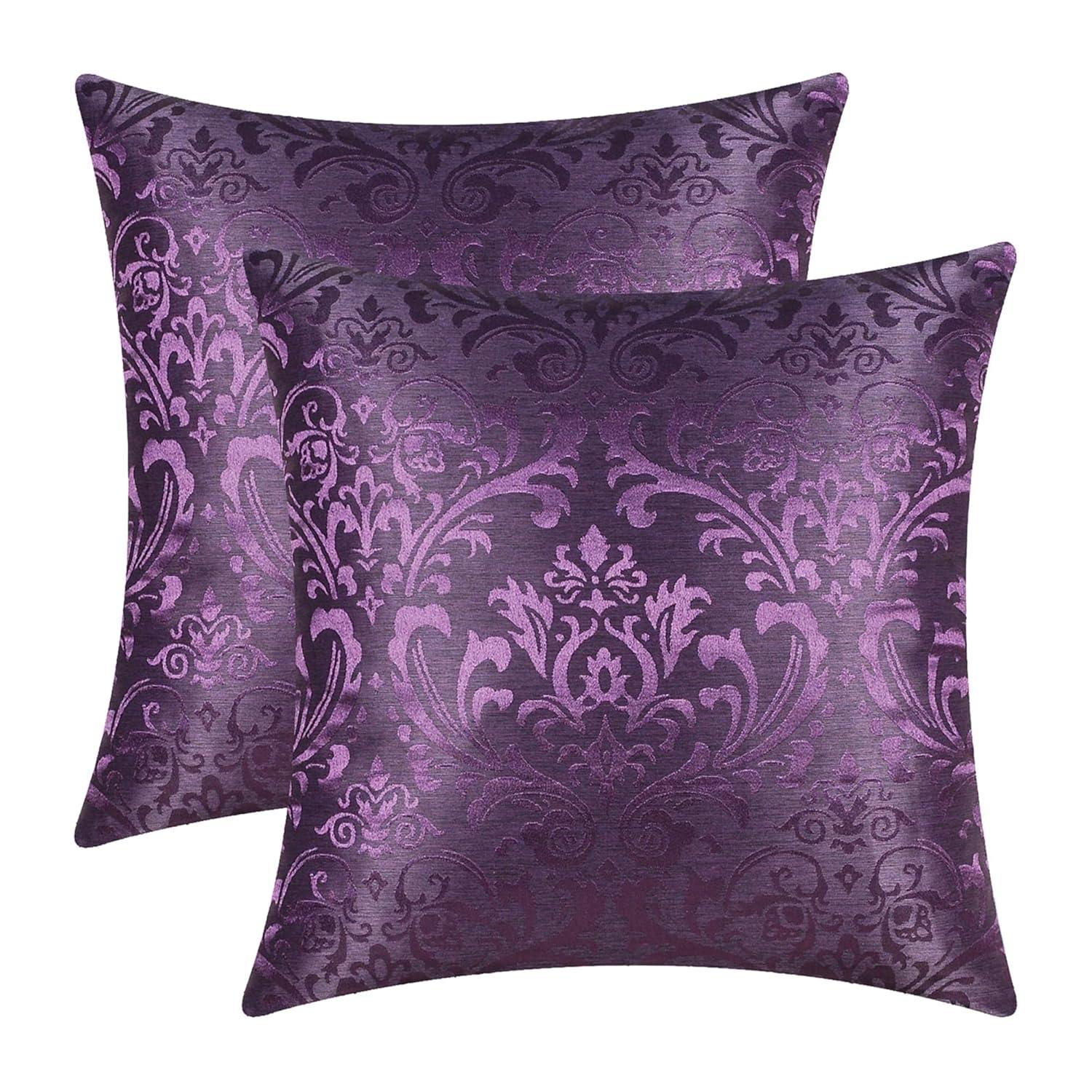 CaliTime Pack of 2 Throw Pillow Covers Cases for Couch Sofa Home Decoration Vintage Damask Floral Shining & Dull Contrast 16 X 16 Inches Deep Purple