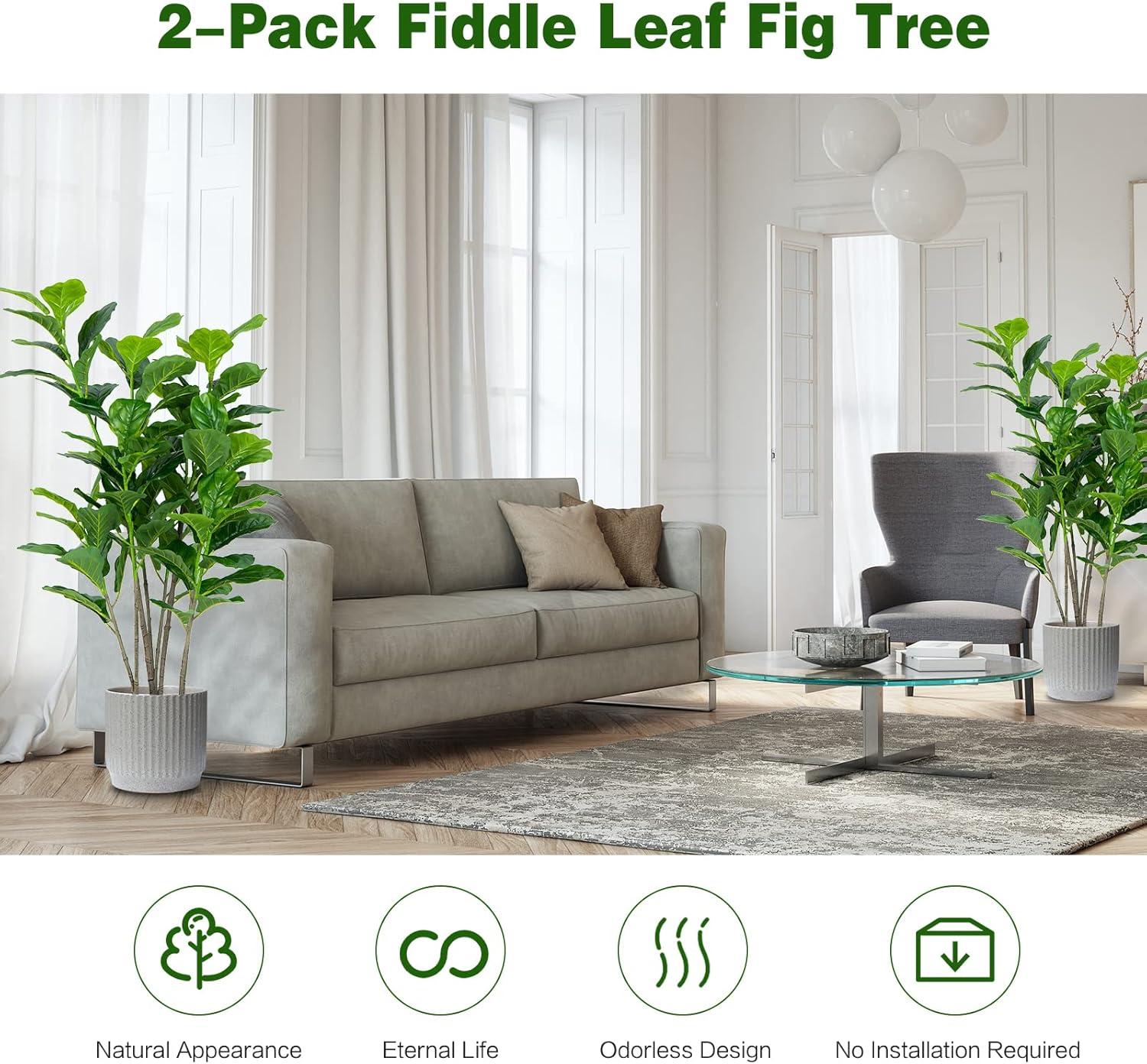 Gymax 51" Fiddle Leaf Fig Tree Artificial Plant in Green Indoor Outdoor PEVA Pot 2-Count