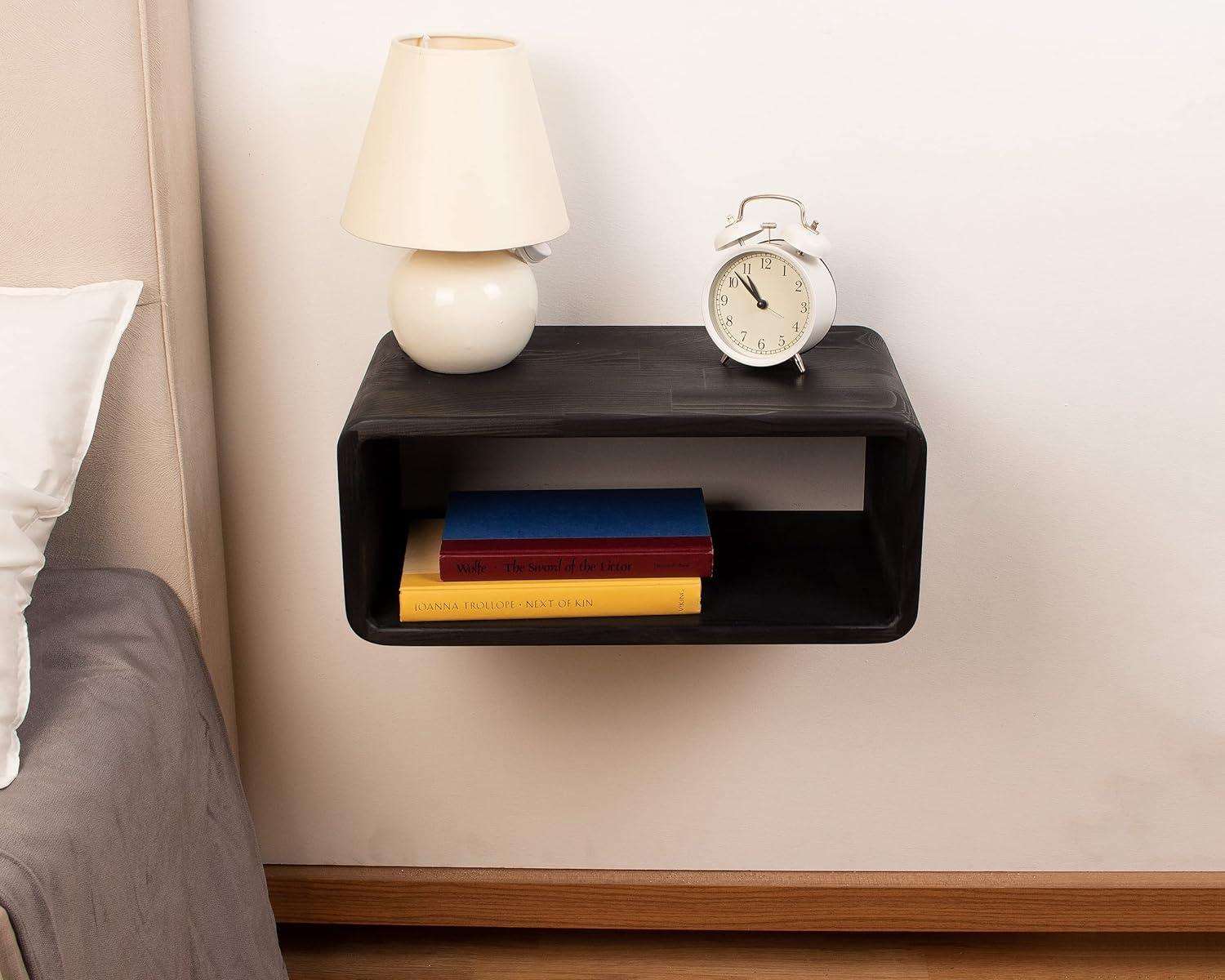 Black Spruce Wood Floating Nightstand with Open Shelf