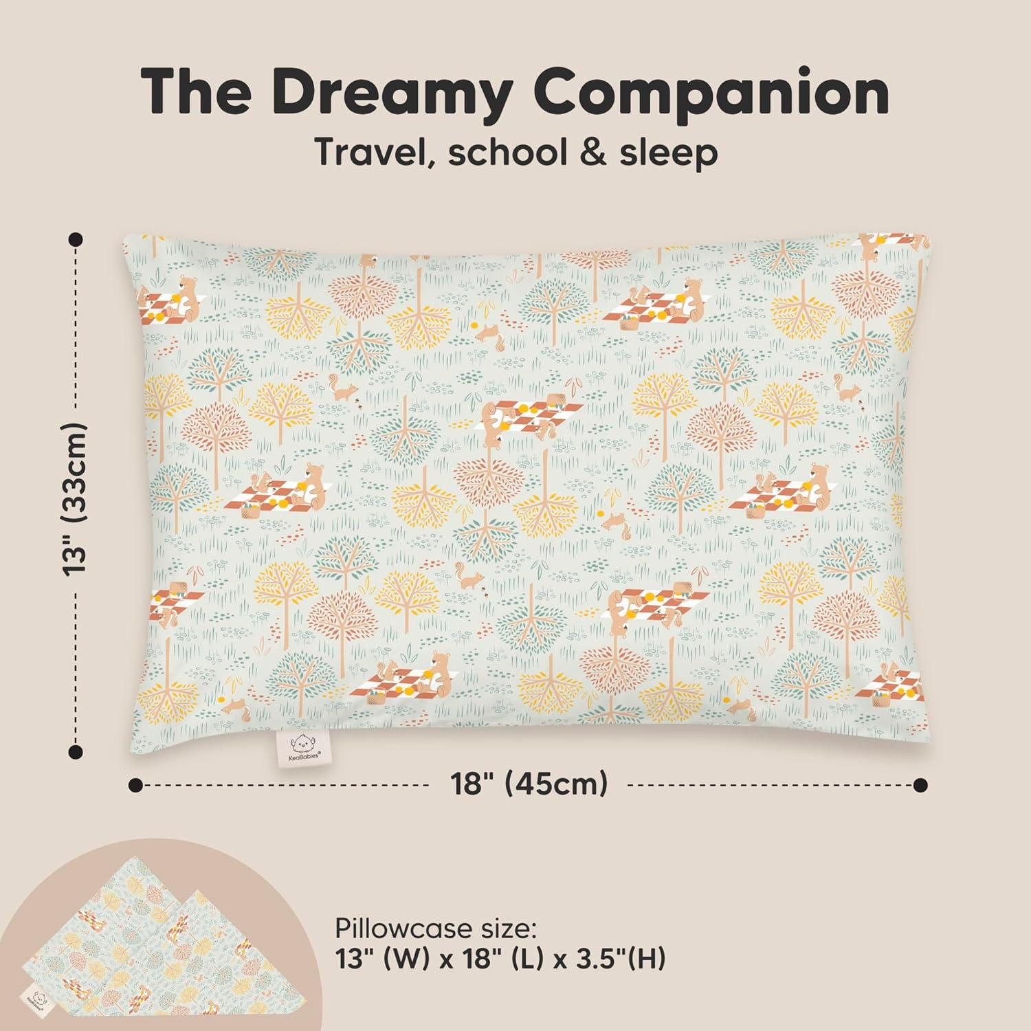 KeaBabies Toddler Pillow with Pillowcase, 13X18 Soft Organic Cotton Toddler Pillows for Sleeping, Kids Travel Pillow Age 2-5 (Wild Picnic)