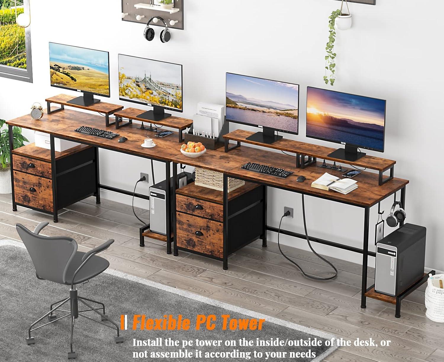 Rustic Brown Computer Desk with Drawer and Power Outlets