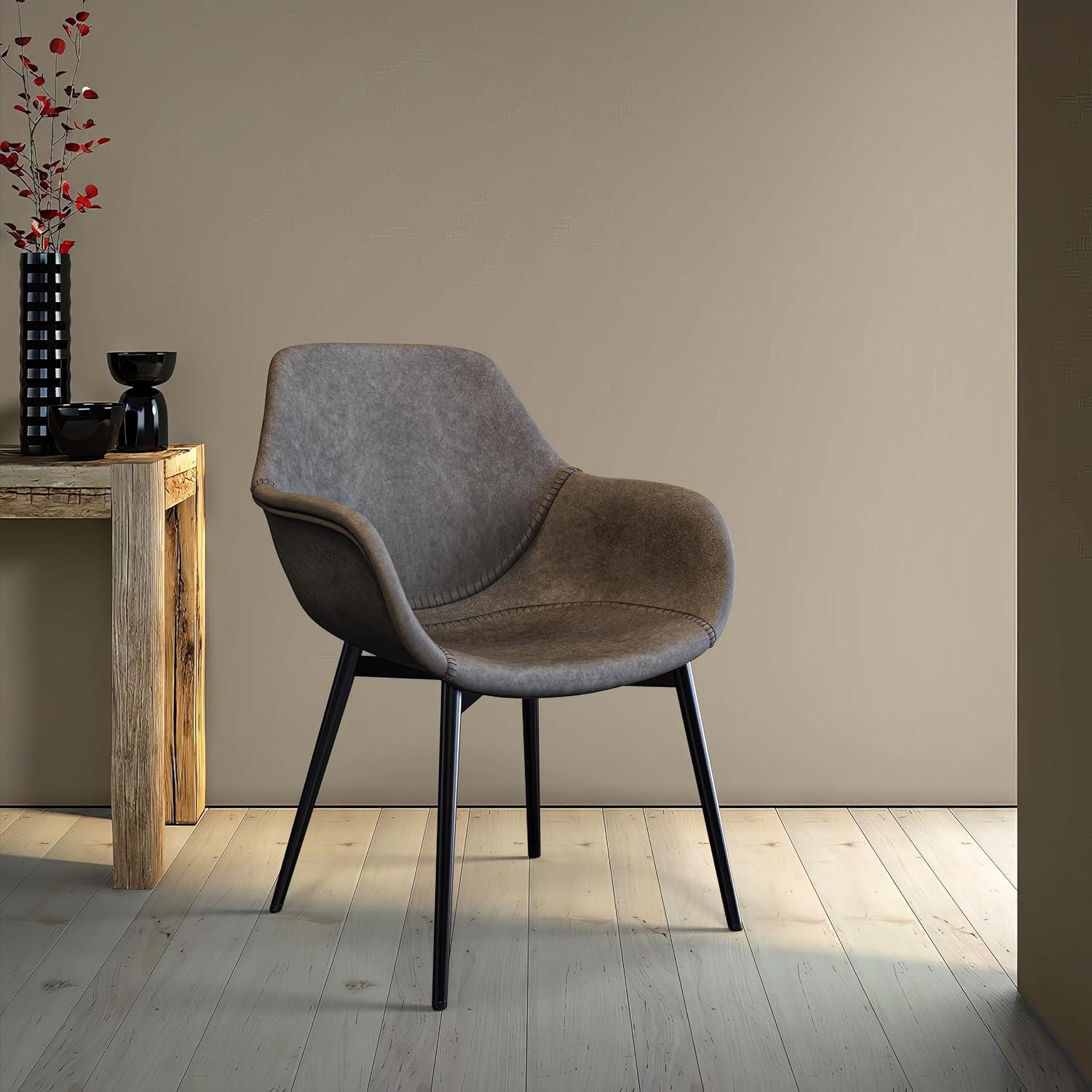 LeisureMod Markley Leather Dining Chair With Metal Legs and Arms