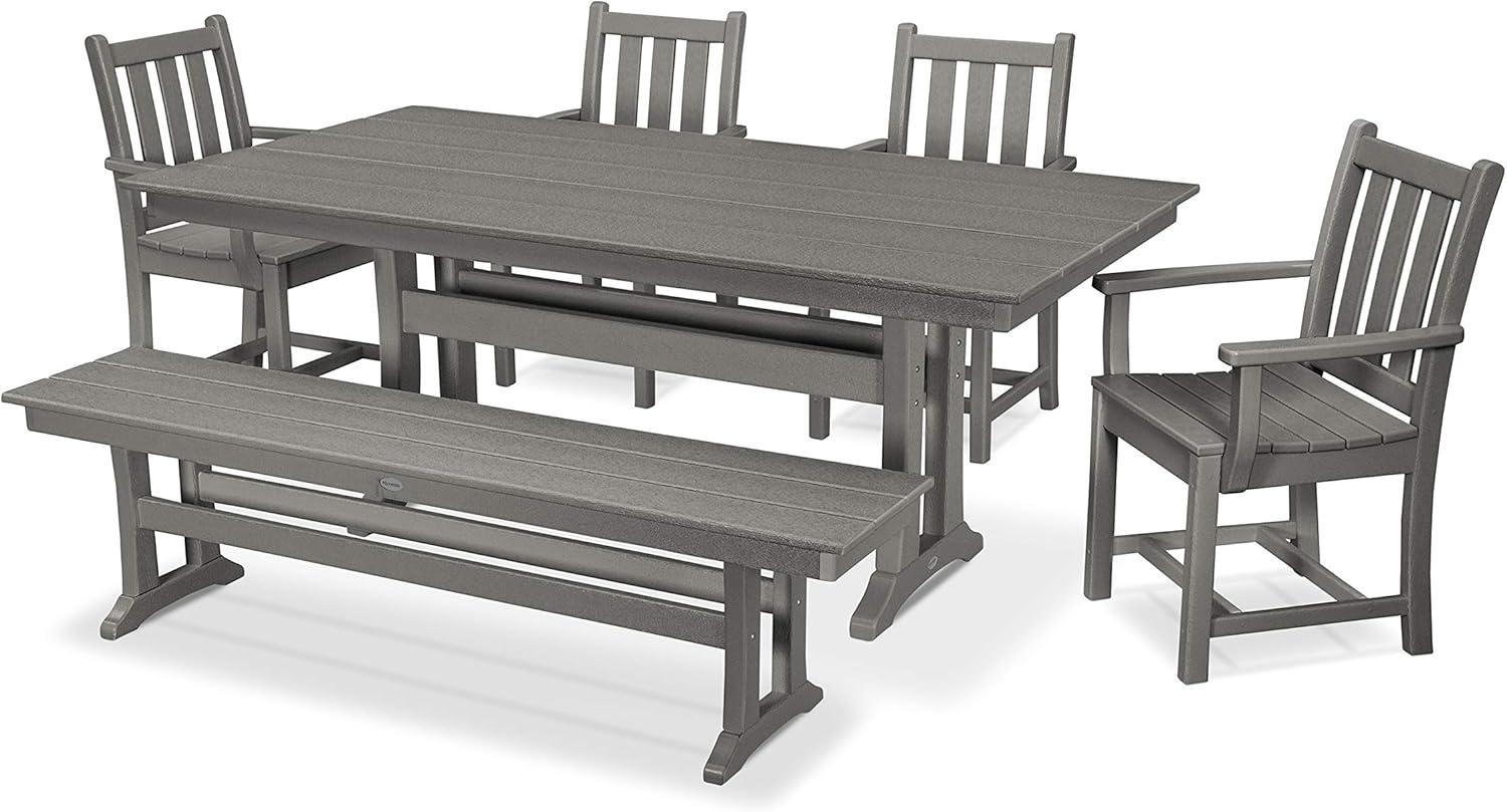 Traditional Garden Arm Chair 6-Piece Farmhouse Dining Set with Trestle Legs and Bench