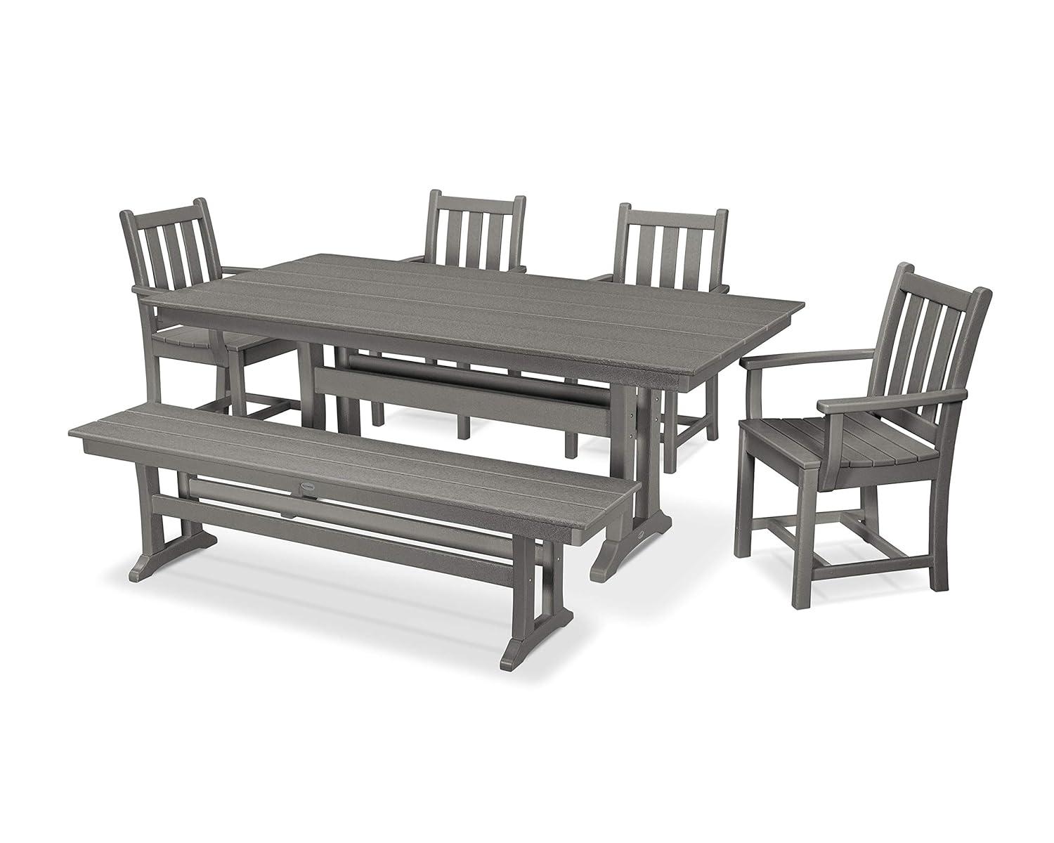 Traditional Garden Arm Chair 6-Piece Farmhouse Dining Set with Trestle Legs and Bench