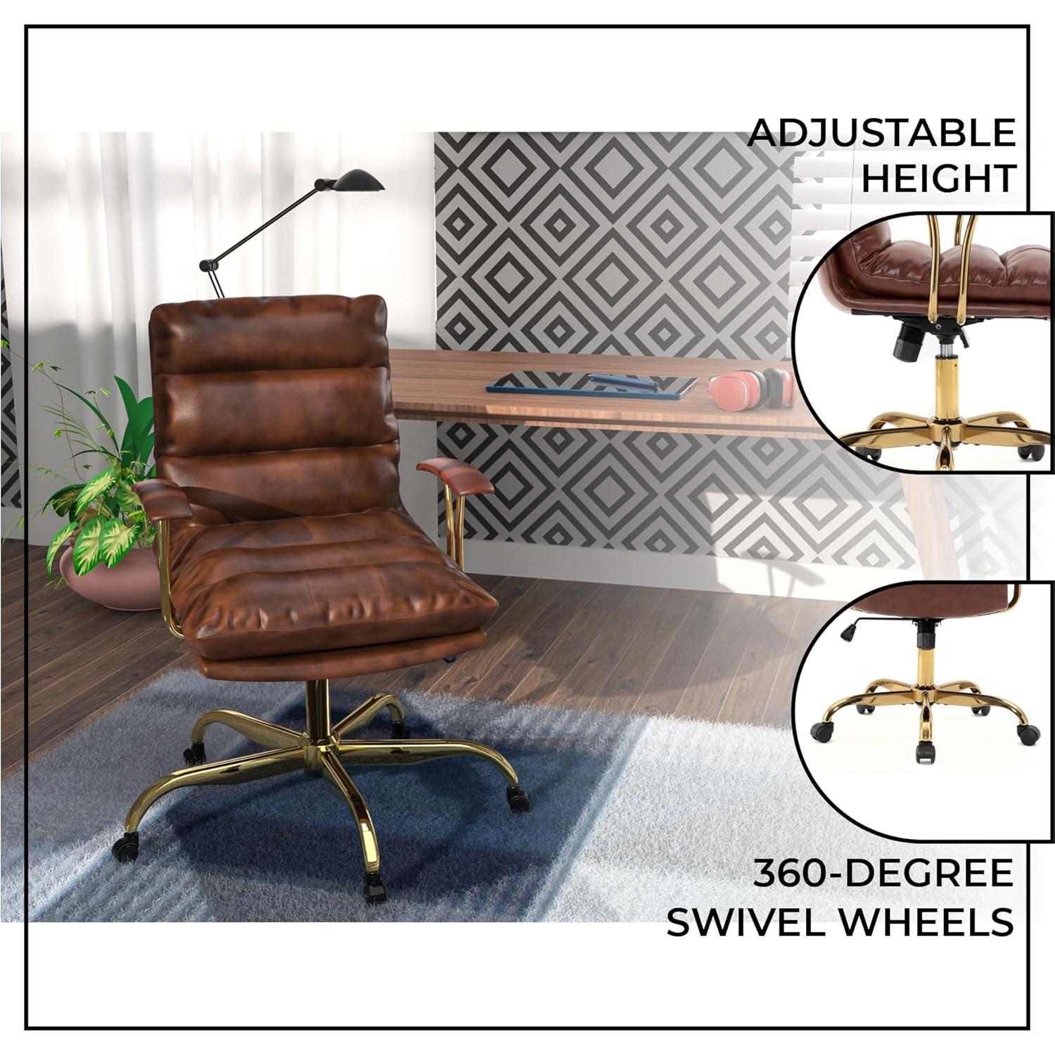 LeisureMod Regina Single Ergonomic Padded Leather Lumbar Support Adjustable Height Swivel Executive Office Chair with Gold Steel Frame