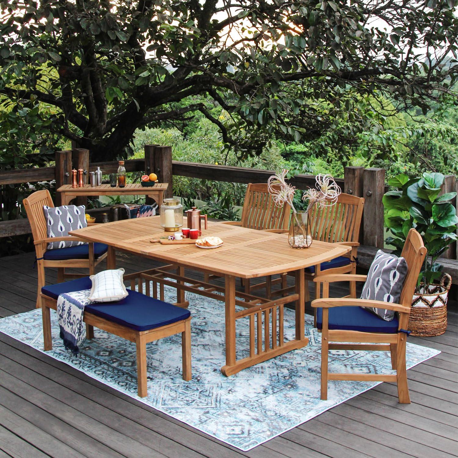 Cambridge Casual 6pc Caterina Teak Wood Outdoor Dining Set with Beige Cushion: Weather-Resistant, 2" Umbrella Hole, Galvanized Steel Hardware