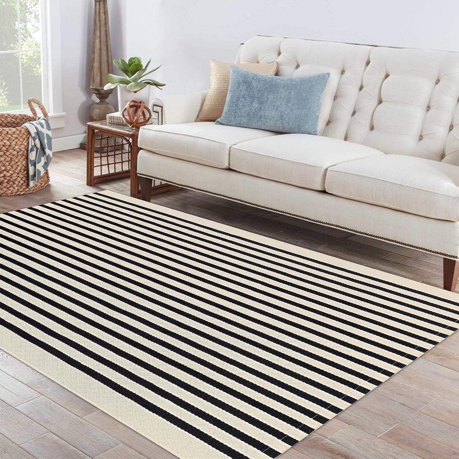IOHOUZE Navy and White Striped Rug 2'x3' Front Door Rugs, Small Washable Area Rug for Front Porch, Spring Summer Doormats Outdoor Indoor, Cotton Rugs for Entryway Porch Entrance