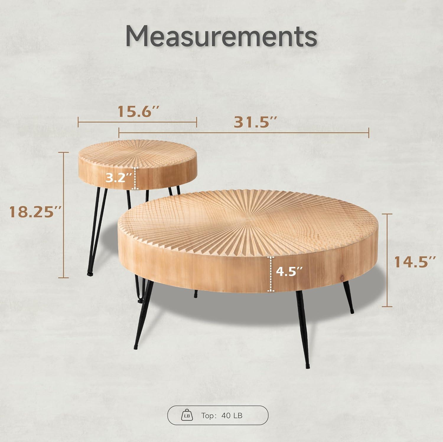 Farmhouse Round Coffee Table Set of 2, Modern Nesting Table w/Natural Wood Finish, Boho Circle Center Table for Living Room Tiny Home (Radial Pattern)