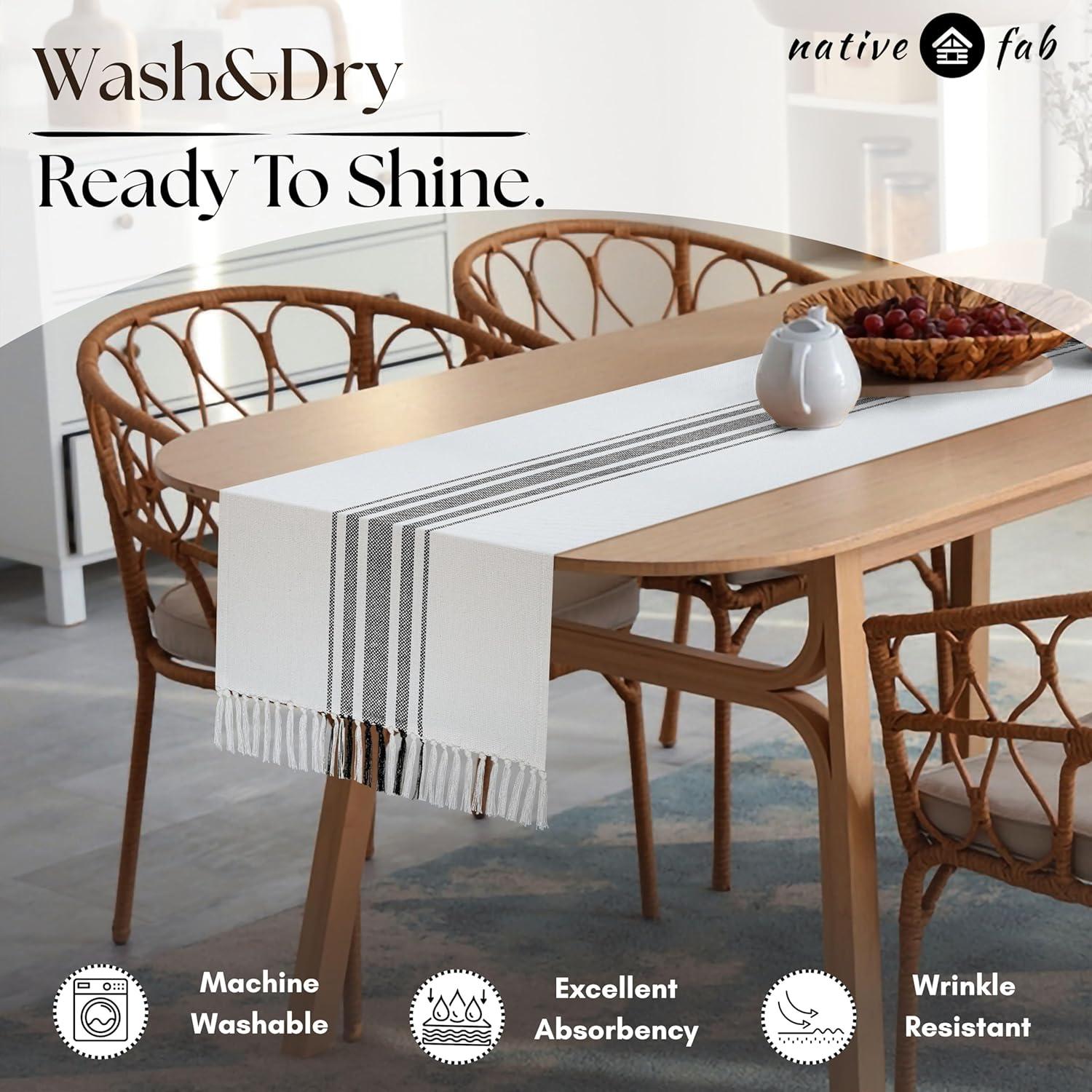 Design Imports  Black Striped Fringe Ribbed Table Runner 14X72