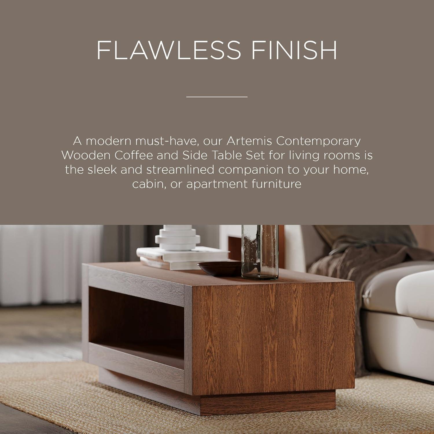 Maven Lane Artemis Wooden Coffee Table and Side Table Set, Refined Brown Finish