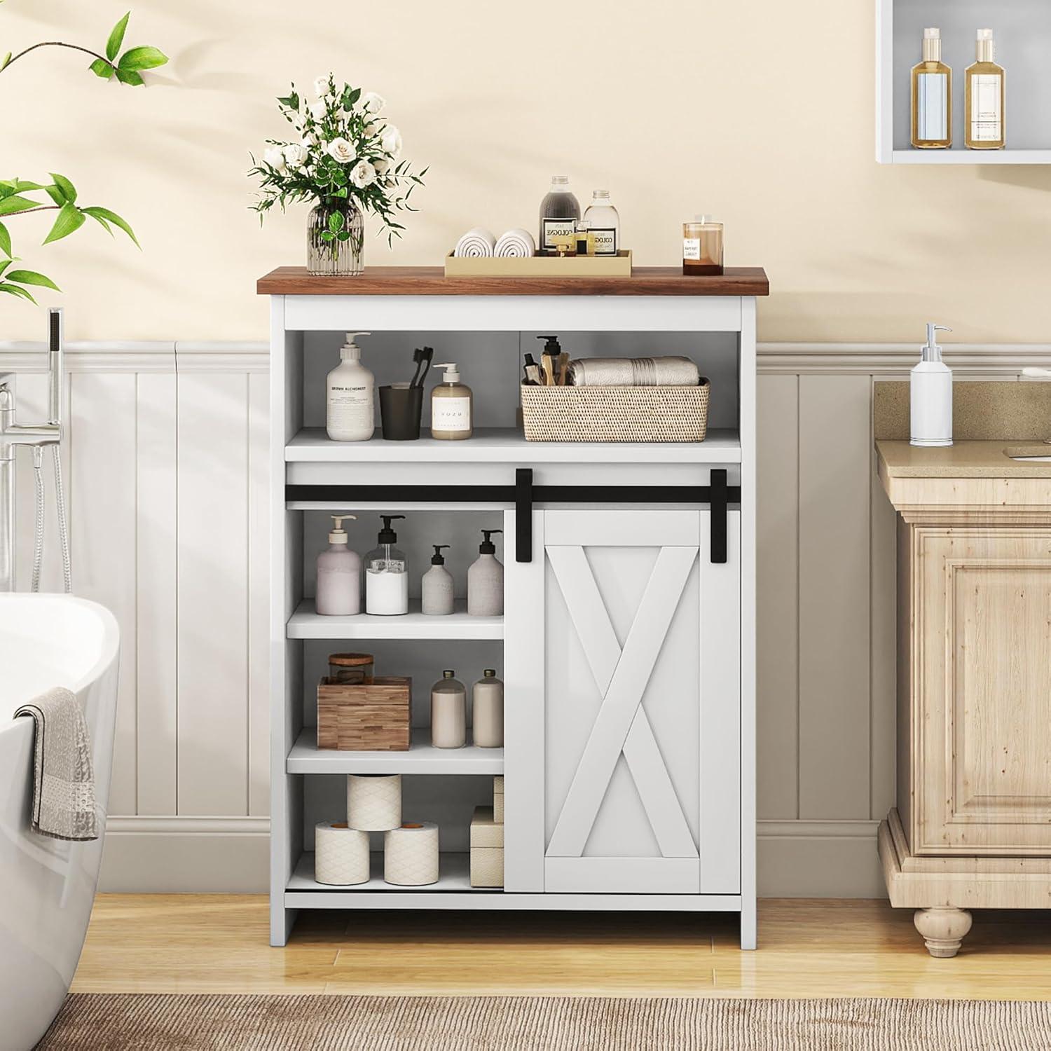 White Farmhouse Bathroom Cabinet with Adjustable Shelves and Sliding Barn Door