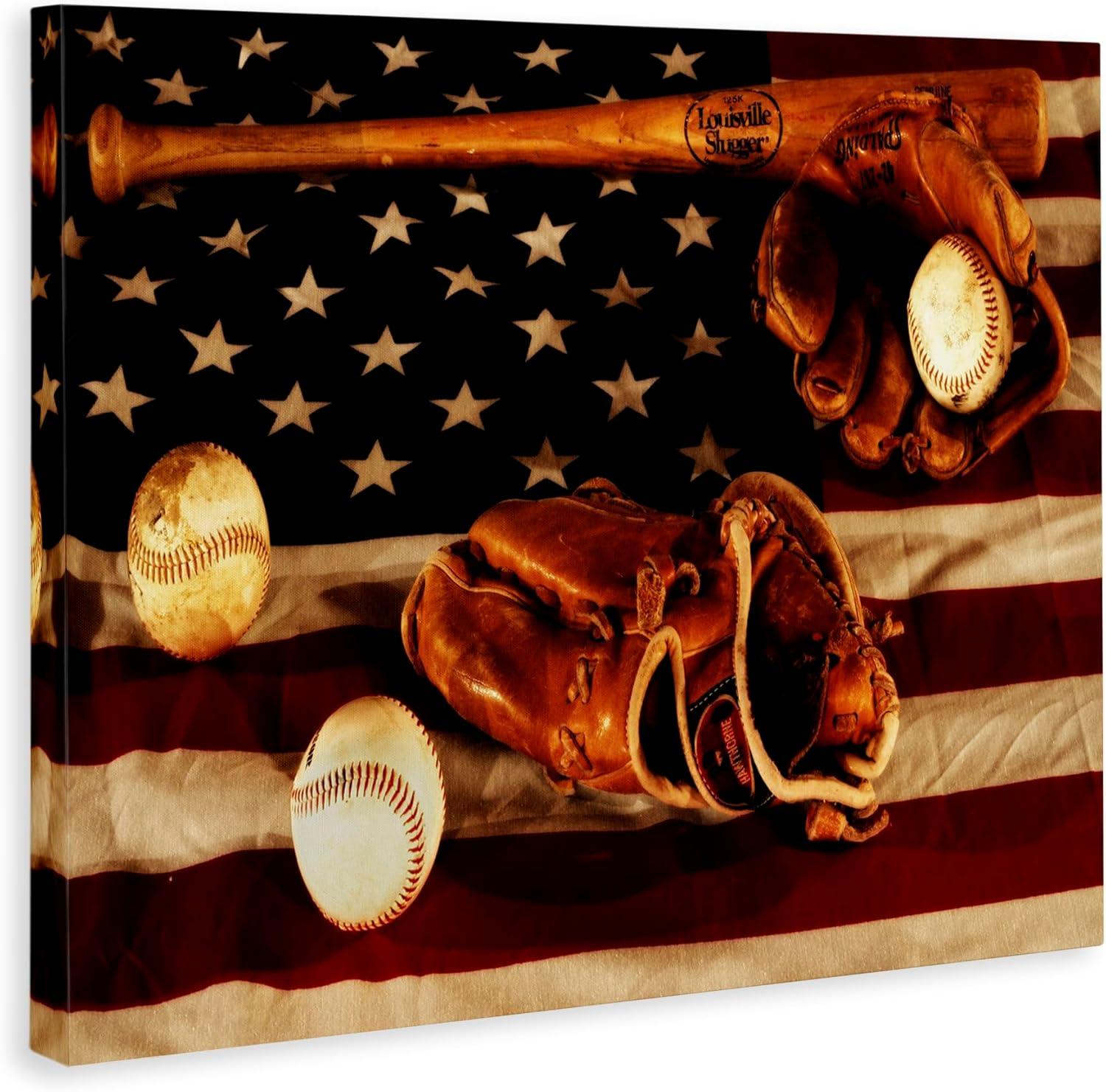 Vintage American Flag Baseball Sports Canvas Print, 16x20