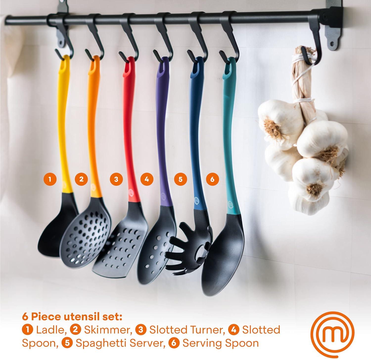 MasterChef Kitchen Utensils Set, Nylon Cooking Utensils Set of 6, Non Toxic & Non Scratch Cooking Tools for Non Stick Cookware incl. Cooking Spoons & Spatulas, Heat Resistant, 6 Piece, Colorful