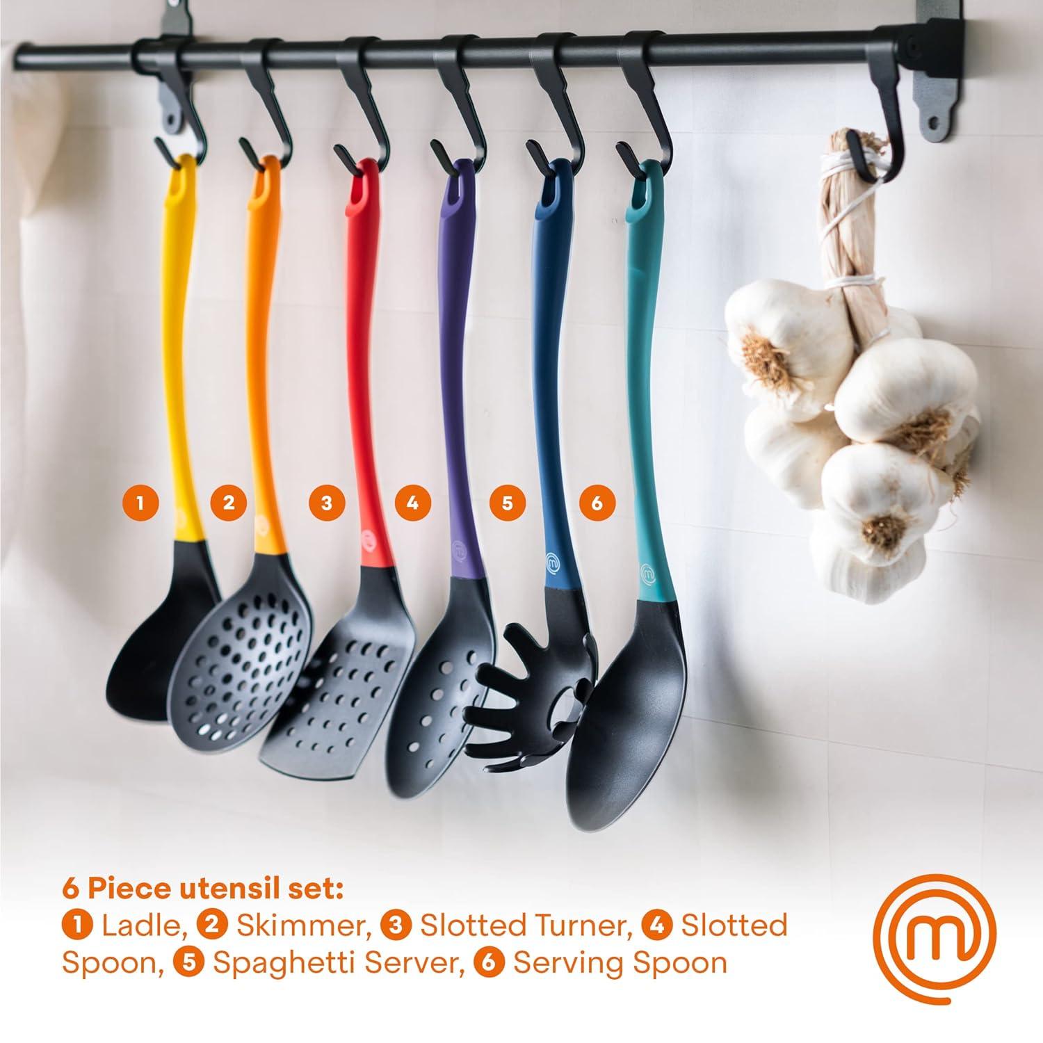 MasterChef Kitchen Utensils Set, Nylon Cooking Utensils Set of 6, Non Toxic & Non Scratch Cooking Tools for Non Stick Cookware incl. Cooking Spoons & Spatulas, Heat Resistant, 6 Piece, Colorful