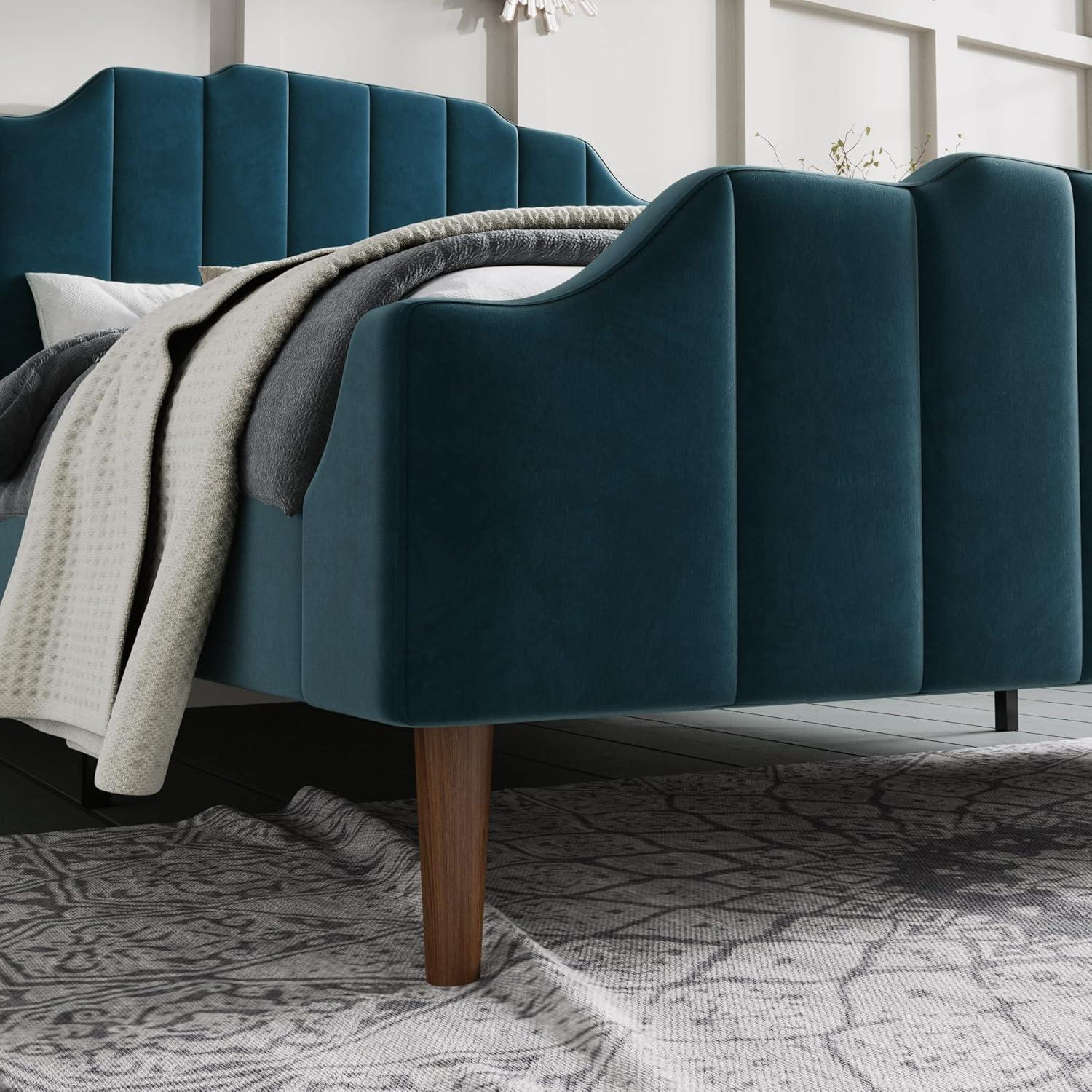 Sha Cerlin Queen Size Platform Bed Frame with Modern Curved Upholstered Wingback Headboard, Blue