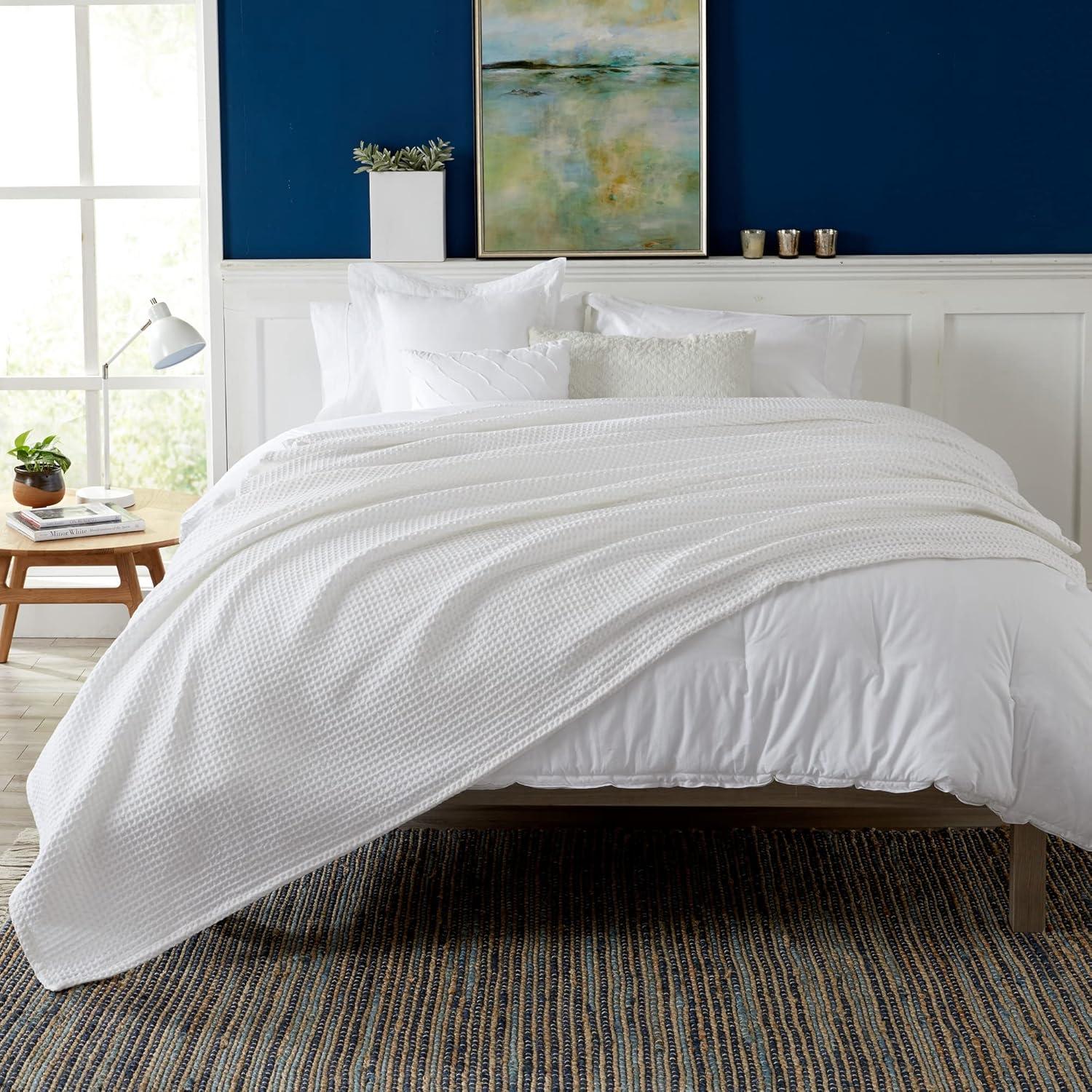 Full White Cotton Waffle Weave Bed Blanket