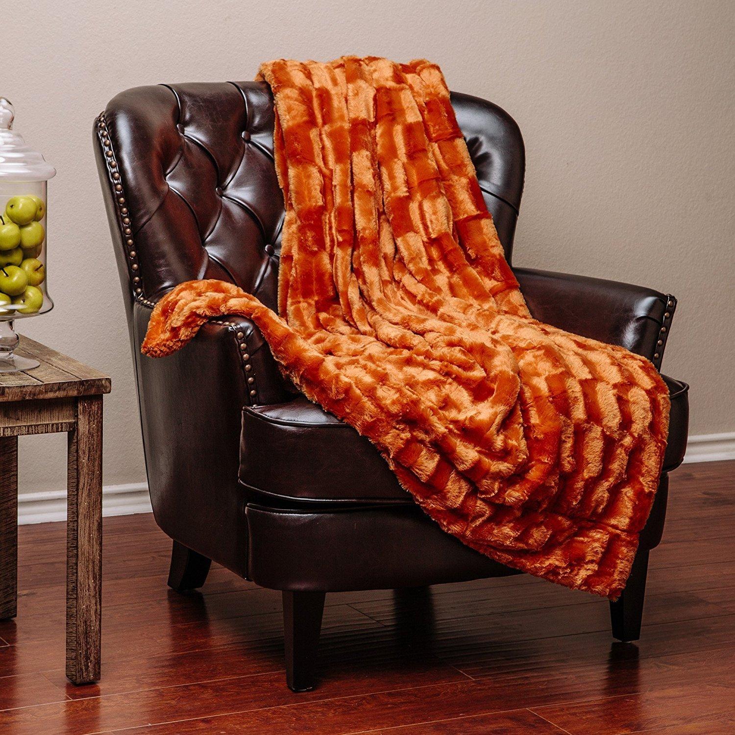 Chanasya Embossed Deco Faux Fur Throw Blanket - 50" x 65” - Orange