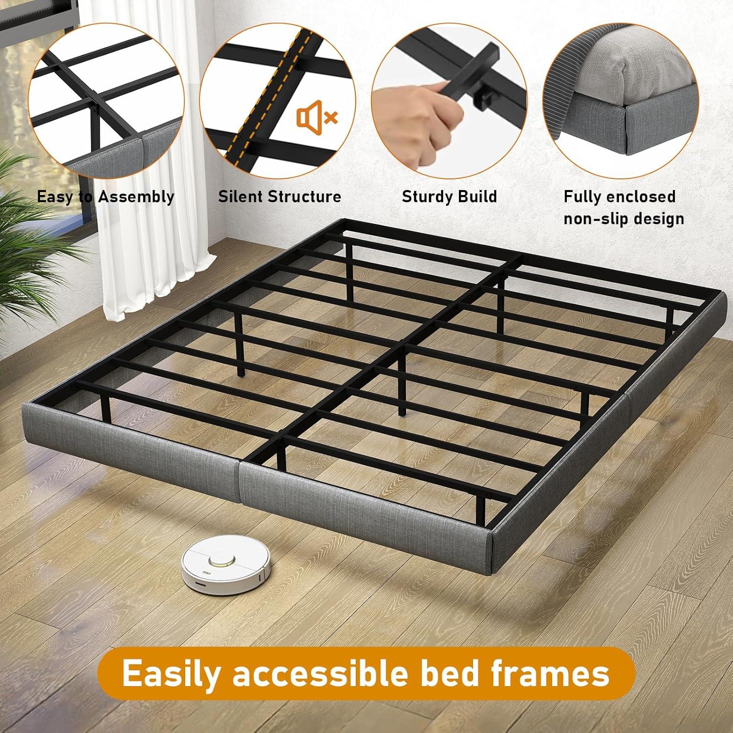 Floating Bed Frame With Led Lights Metal Platform Bed, No Squeak