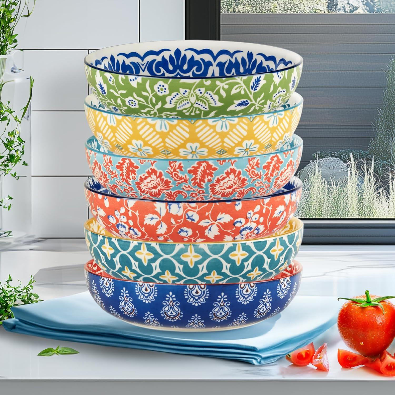 Panache Multicolor Ceramic 9.25" Soup and Pasta Bowls Set of 6