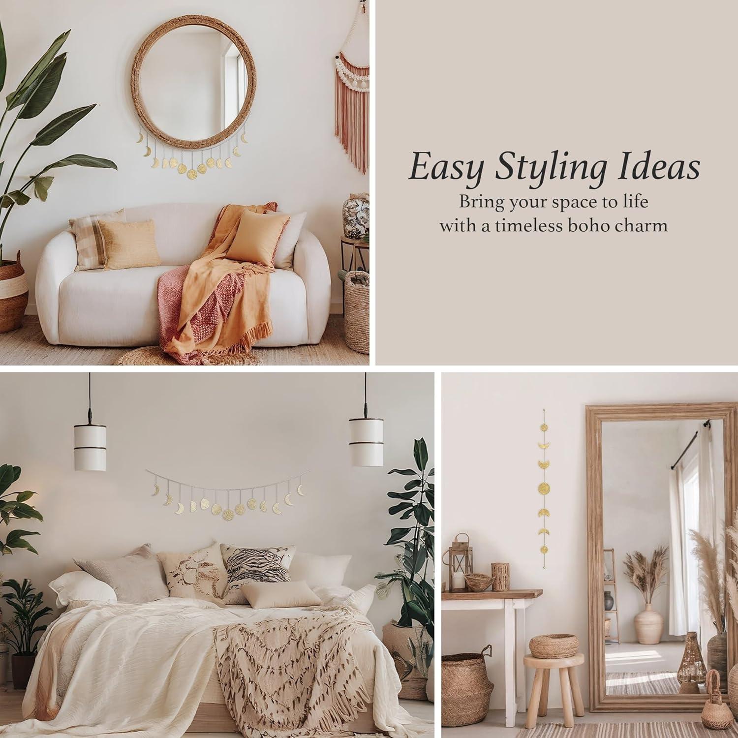 Elegant Bohemian Aesthetic, Moon Phase Wall Decor With Glowing Phases, Handmade Hammered Gold Metal Vertical Wall Art For Shelves, Bedside Tables, Mirrors