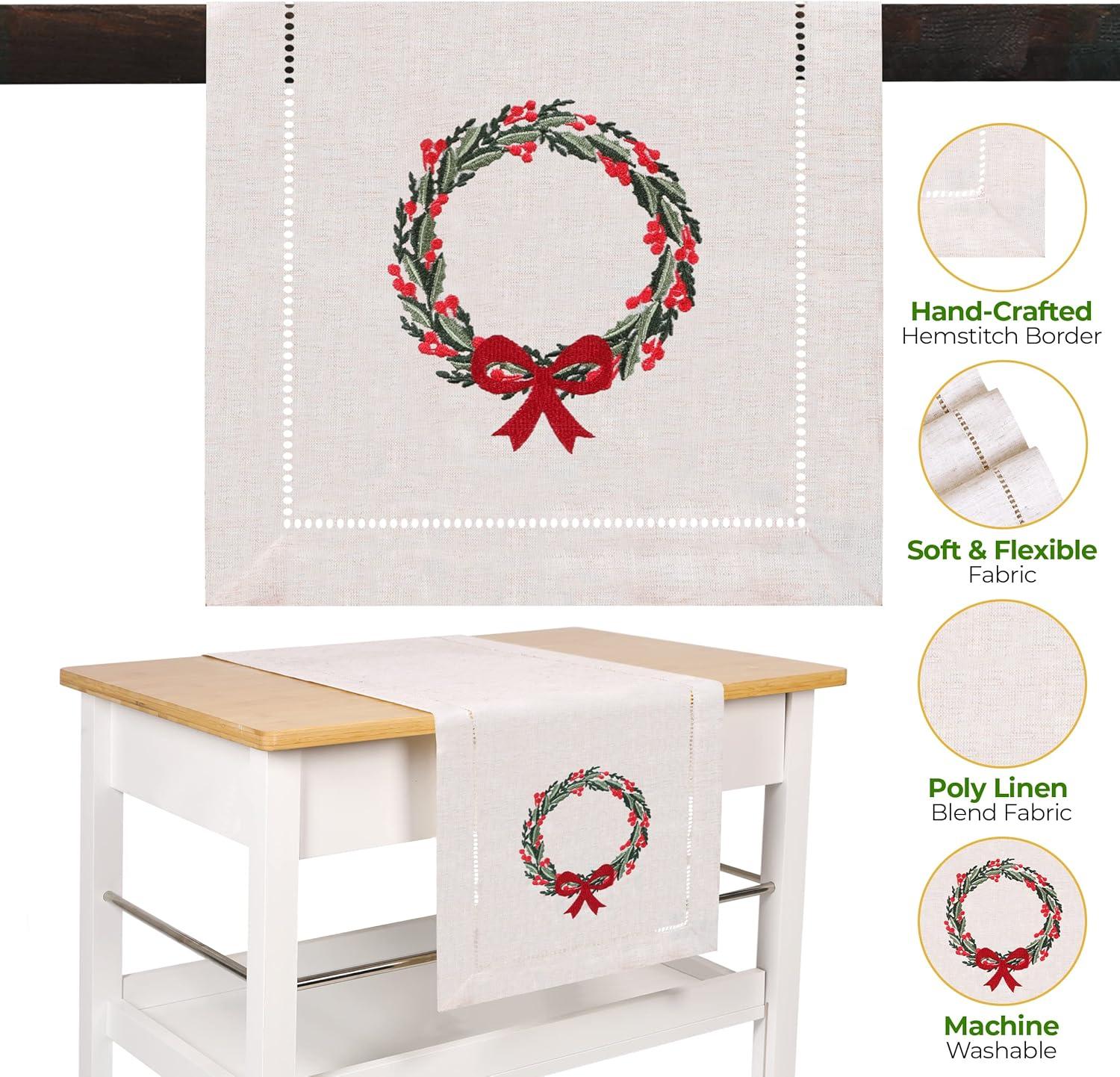 Christmas Table Runner Holiday Wreath Embroidery Hemstitch Border Beige 13 x 72 Polyester Linen