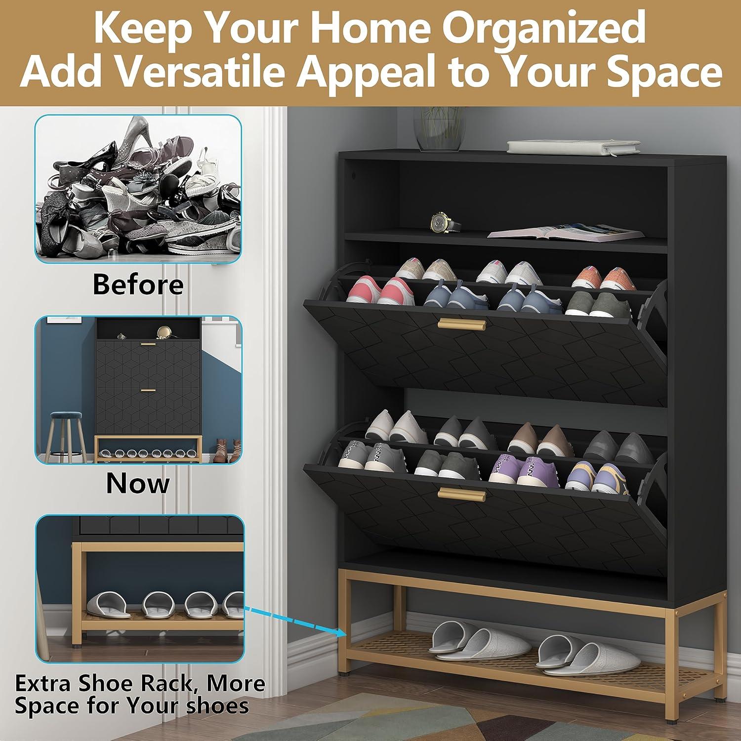 Shoe Cabinet with 2 Flip Drawers, Free Standing Tipping Bucket Shoe Rack Organizer with Adjustable Shelf, Shoe Storage Cabinet