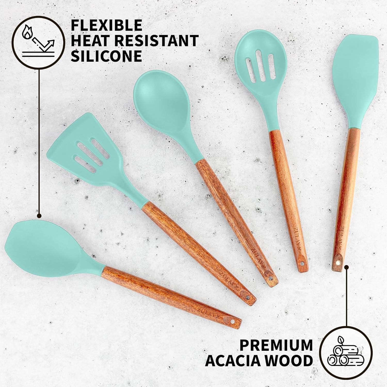 Zulay Kitchen Zulay Kitchen 5 Piece Silicone Utensils Set With Authentic Acacia Wood Handles - Dark Blue