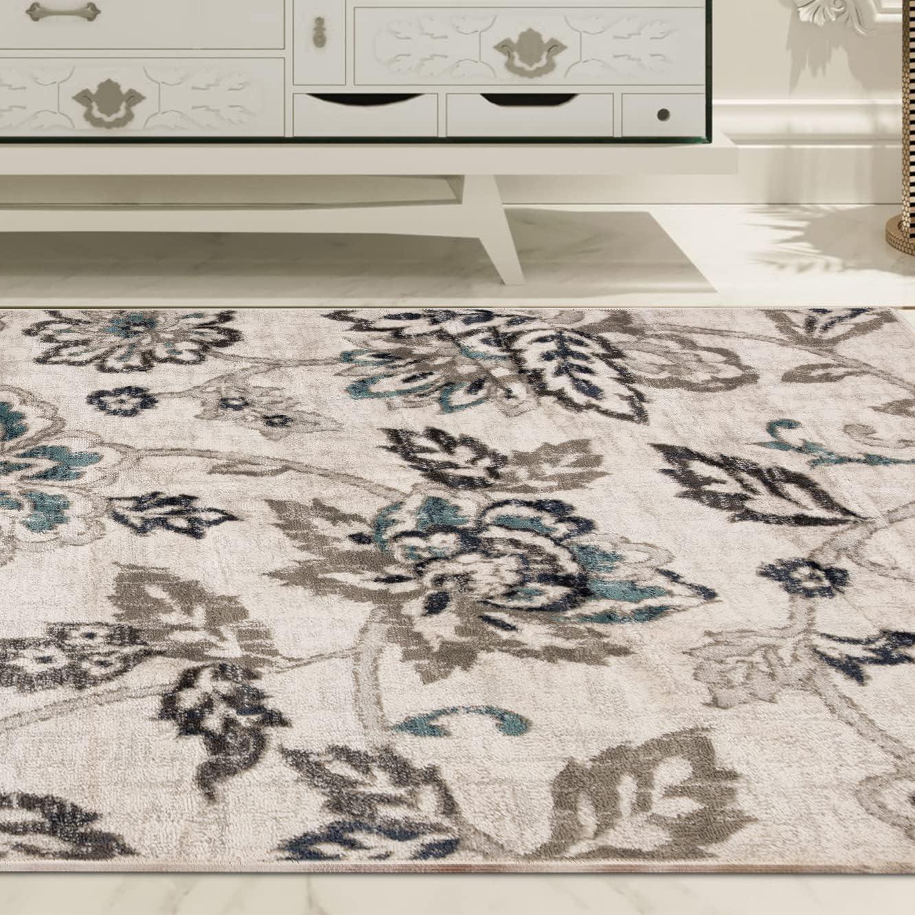 Superior Jacobean Floral Indoor Area Rug, 5' x 8', Stone