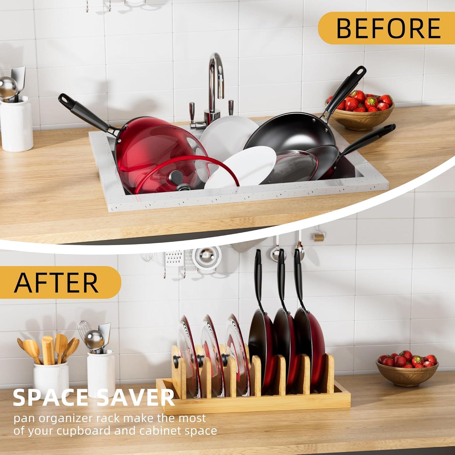 Prep & Savour Bamboo Pot Lid Organizer Pot Lid Holder, Cutting Boards & Baking Sheets, Dinner Plates, Reusable Containers In Cabinet Storage